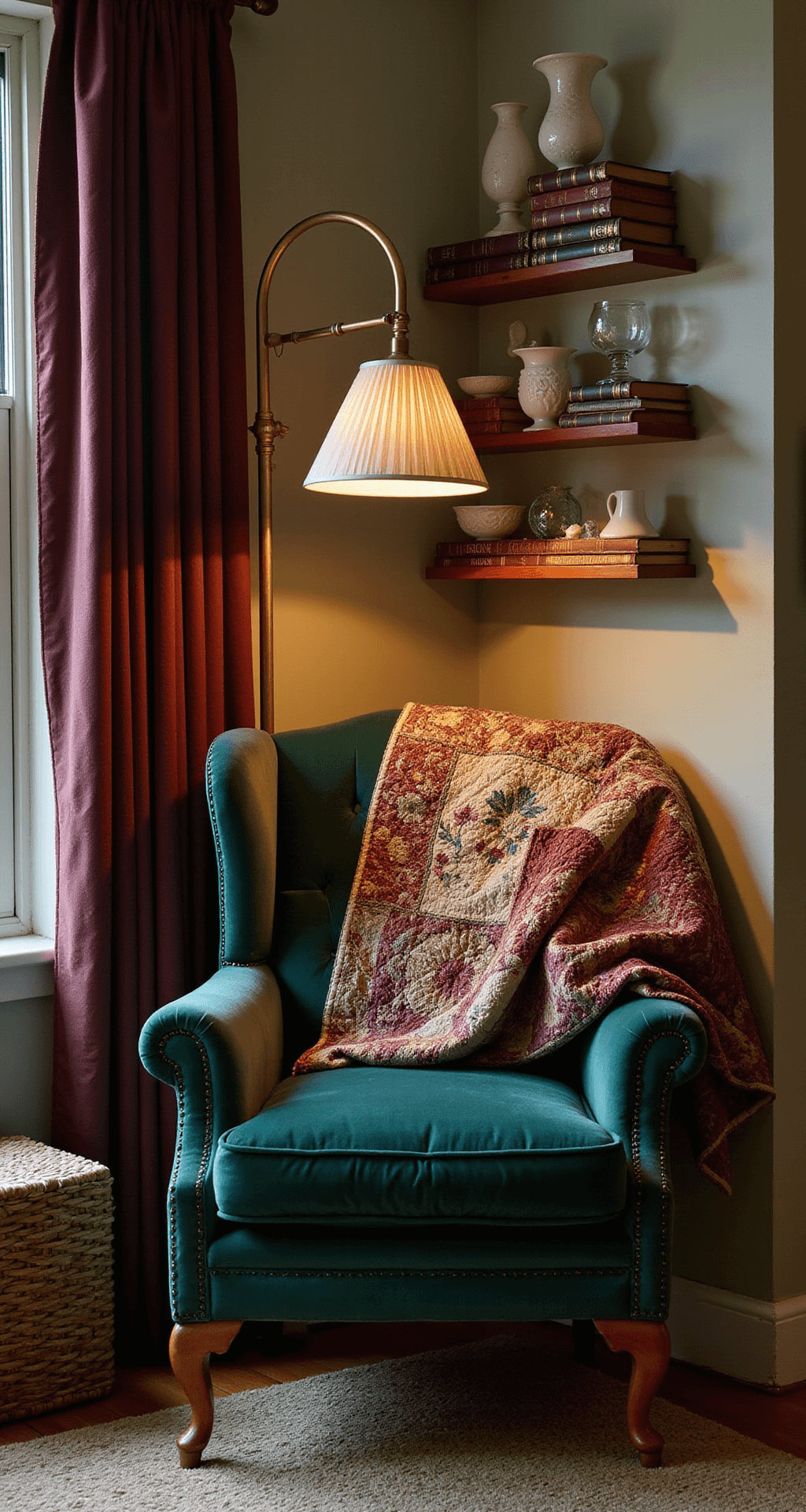 A cozy reading nook at dusk featuring a Victorian emerald velvet chair, a brass floor lamp, stacked leather-bound books as a side table, and draped quilts, illuminated with soft lighting that highlights the textures of fabric and leather.