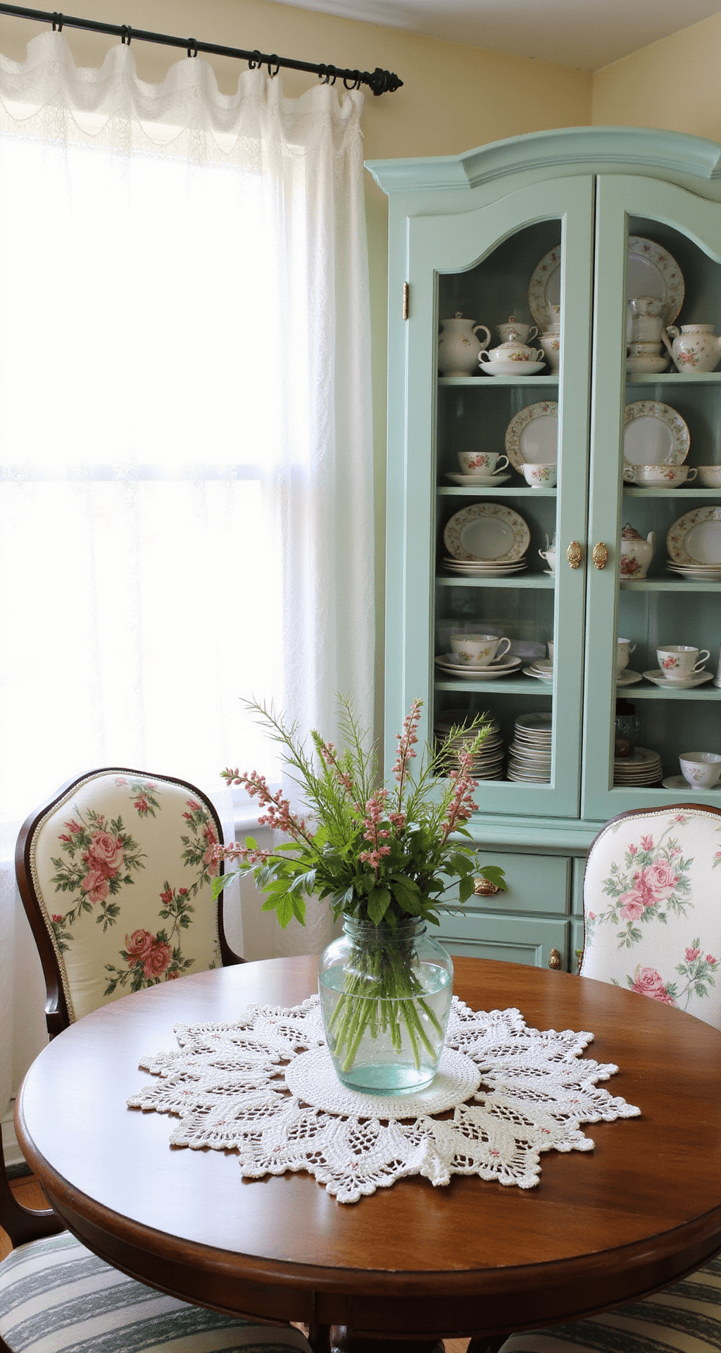 A bright breakfast area with morning light filtering through white lace curtains, featuring a mint green China cabinet filled with teacups and floral plates, a round oak table set with a crocheted doily and fresh wildflowers in a Depression glass vase, and mixed-pattern dining chairs.