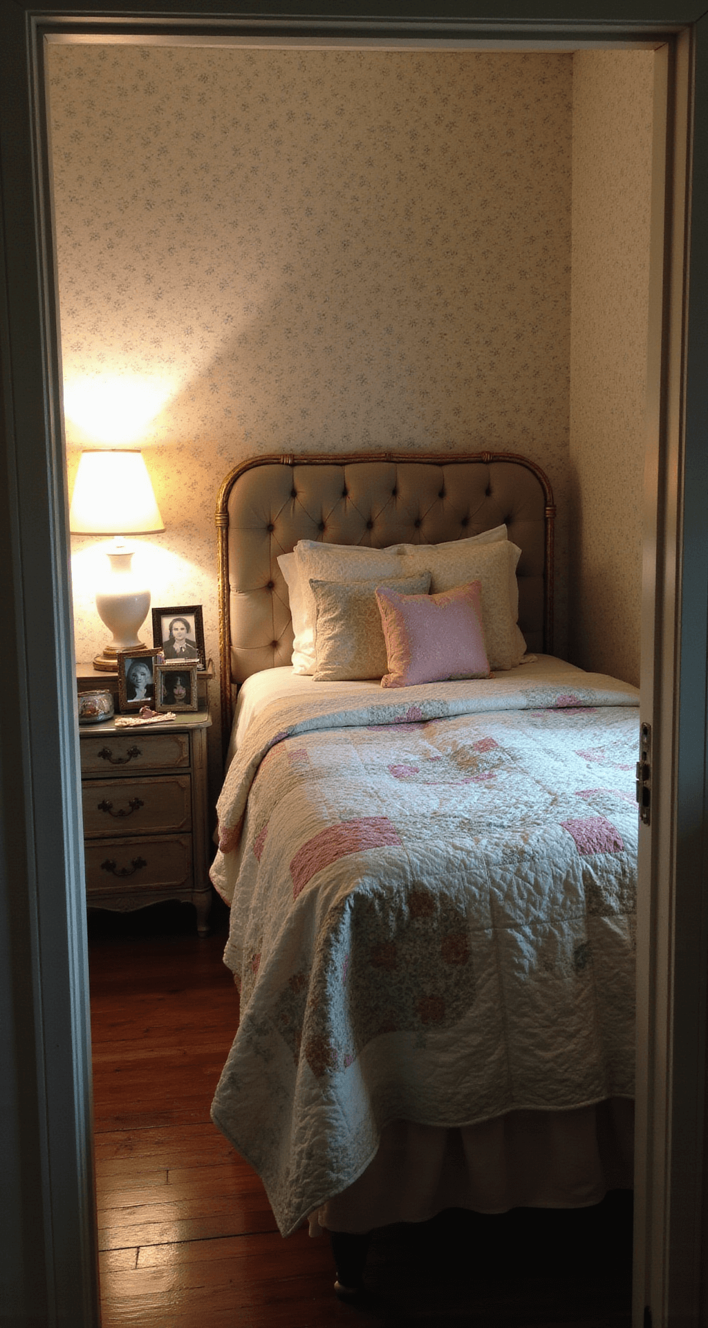 A cozy 10x12ft bedroom alcove at twilight featuring a brass bed frame with vintage quilts in blush, cream, and sage, a tufted headboard against forget-me-not wallpaper, and a softly glowing milk glass lamp on a weathered nightstand adorned with family photos in ornate frames, captured from the doorway to highlight depth and texture.