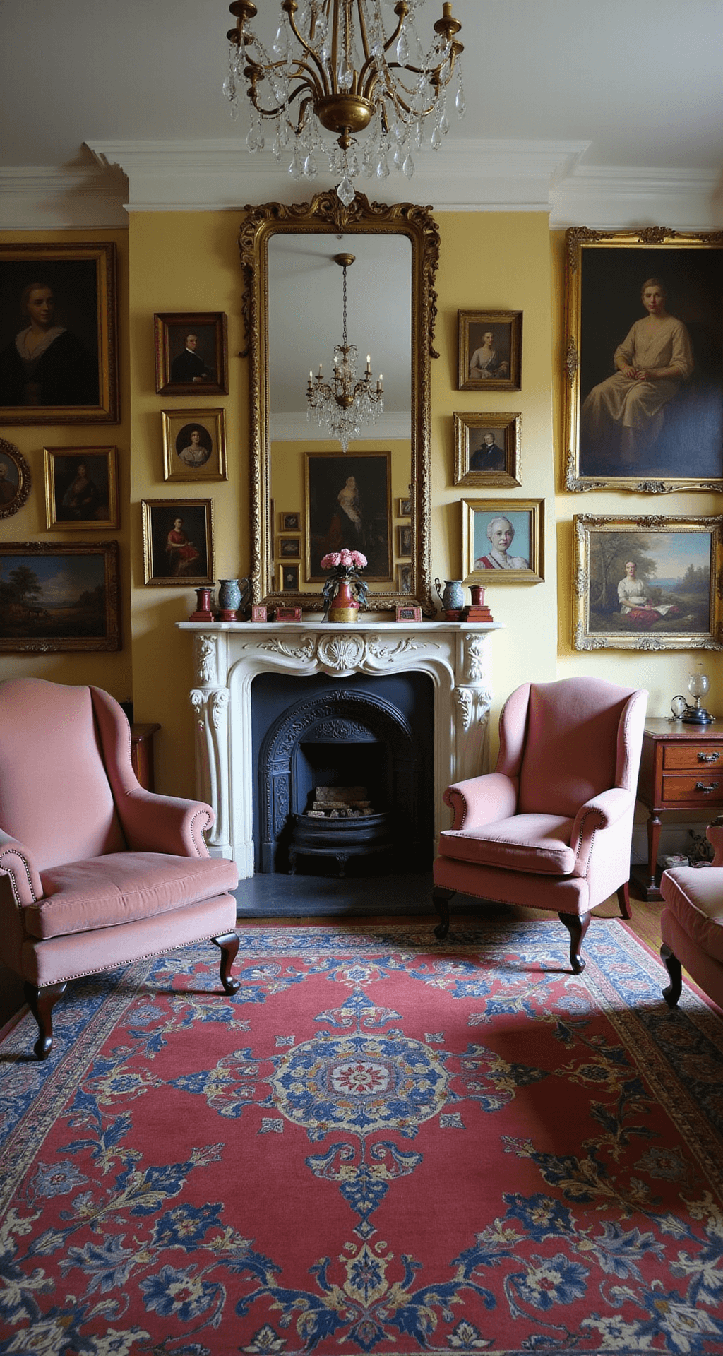 A formal living room with matching dusty rose velvet wingback chairs framing an antique fireplace topped with an ornate mirror, surrounded by a gallery wall of vintage oil paintings in gold frames. Rich jewel-toned oriental rugs layer the floor, while a crystal chandelier casts playful light patterns, creating a grand yet intimate atmosphere.