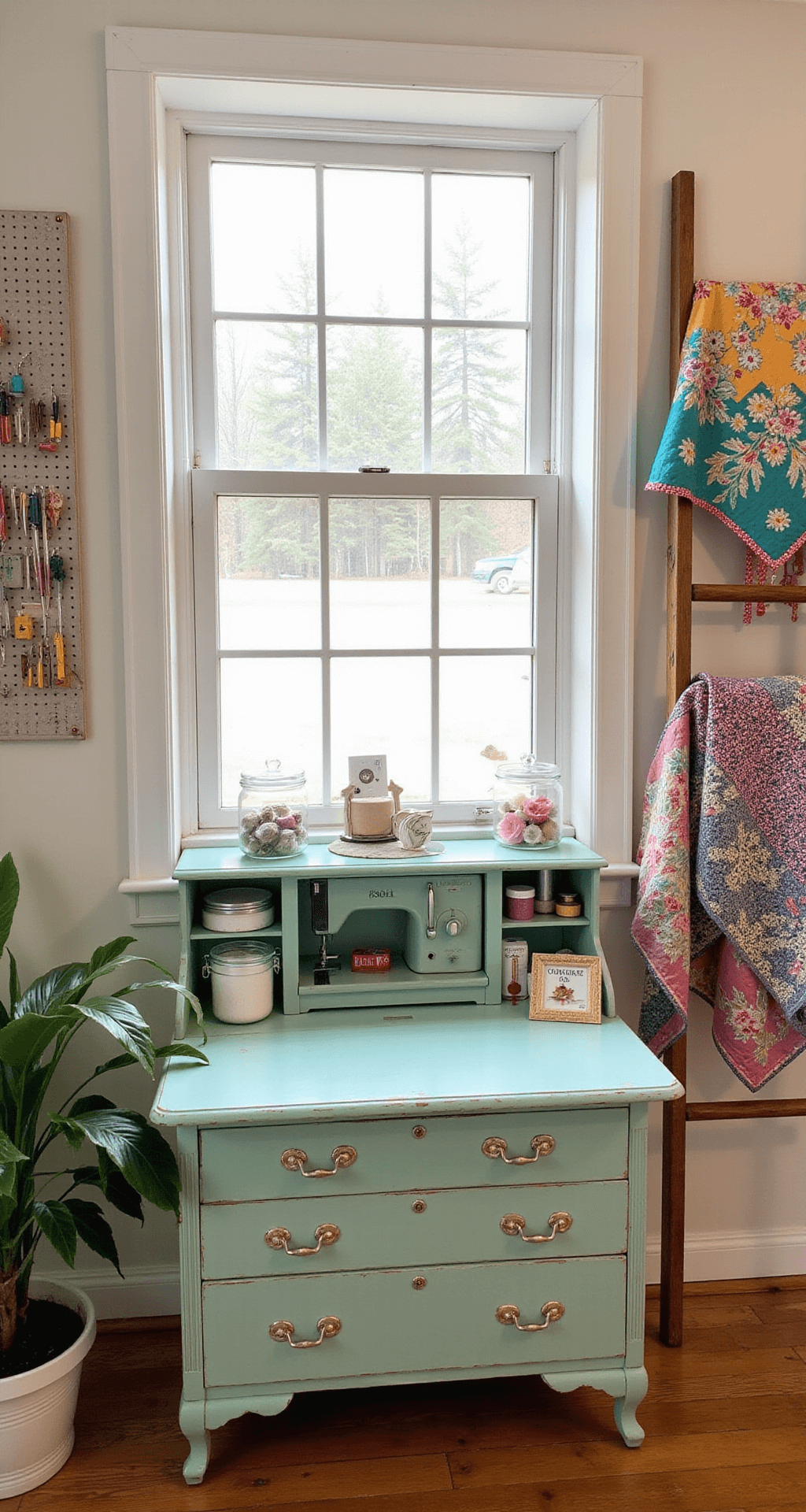 A sunlit craft room featuring a distressed mint green secretary desk under a window, with a vintage sewing machine display, spools of ribbon in glass jars, and a pegboard wall for organizing tools. Handmade quilts drape over a wooden ladder, captured from desktop height to highlight organization details and color accuracy in natural lighting.