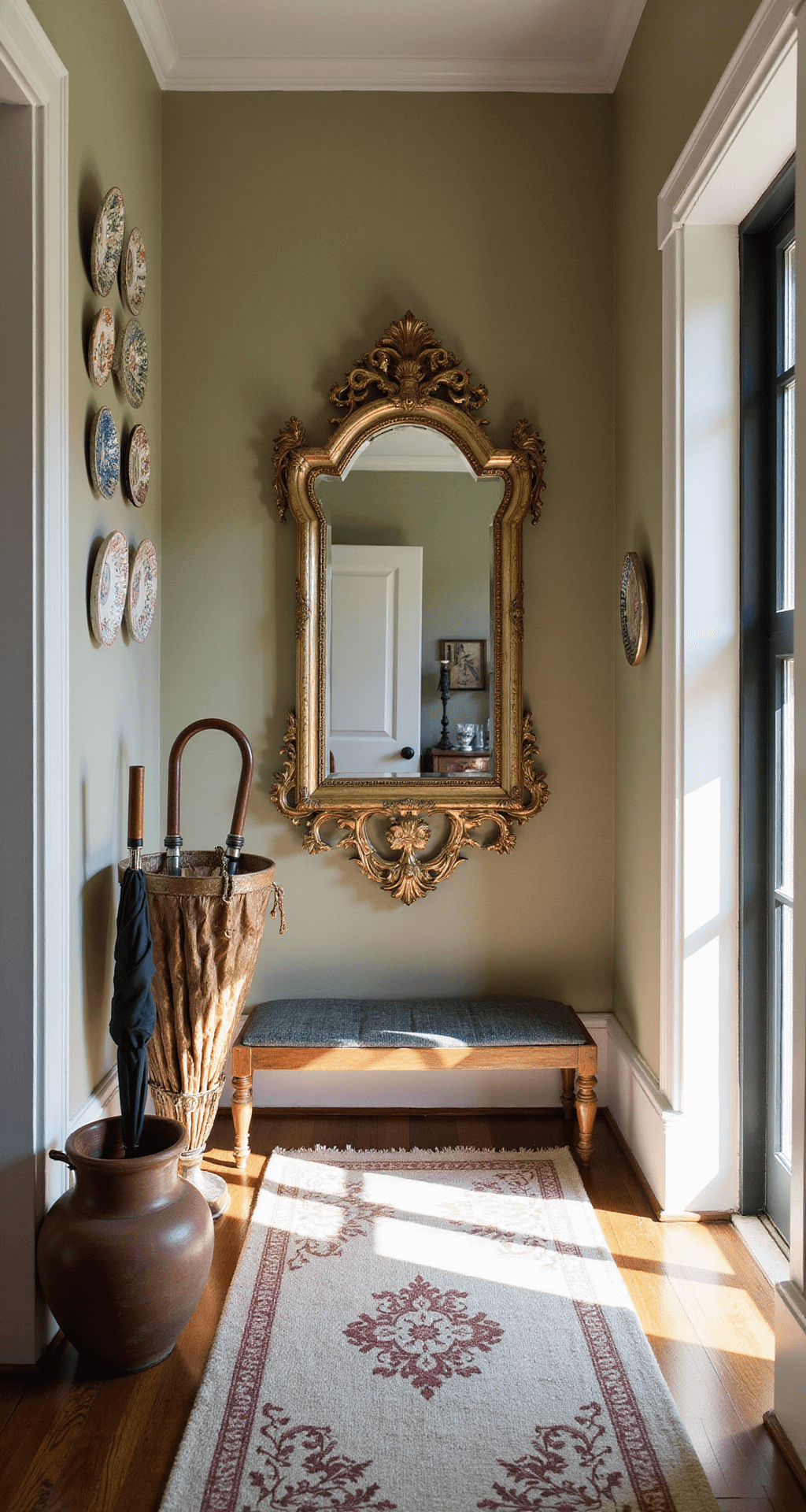 Victorian hall tree with beveled mirror reflecting morning light, weathered copper umbrella stand with vintage parasols, handwoven floral runner, and transferware plates on grasscloth walls in softly lit entryway vignette.