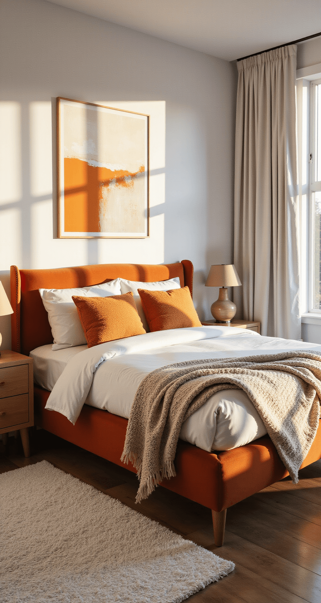 Burnt Orange Bedroom Design: Your Ultimate Guide to Warm and Stylish Spaces Modern bedroom with burnt orange velvet bed and golden hour sunlight from large windows, featuring white walls, layered bedding, natural wood nightstands, and abstract artwork.