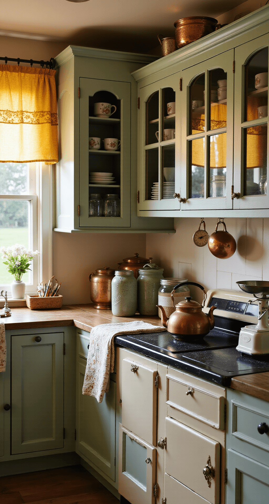 Granny Chic Kitchen: A Nostalgic Design Journey into Comfort and Character A sunlit farmhouse kitchen with mint-green cabinets displaying teacups, copper pots hanging from a ceiling rack, and mustard yellow floral curtains framing windows. A cream antique stove holds a whistling kettle, surrounded by weathered wooden countertops adorned with mason jars and a retro scale. Soft shadows play across quilted trivets and embroidered tea towels, highlighting vintage elements.