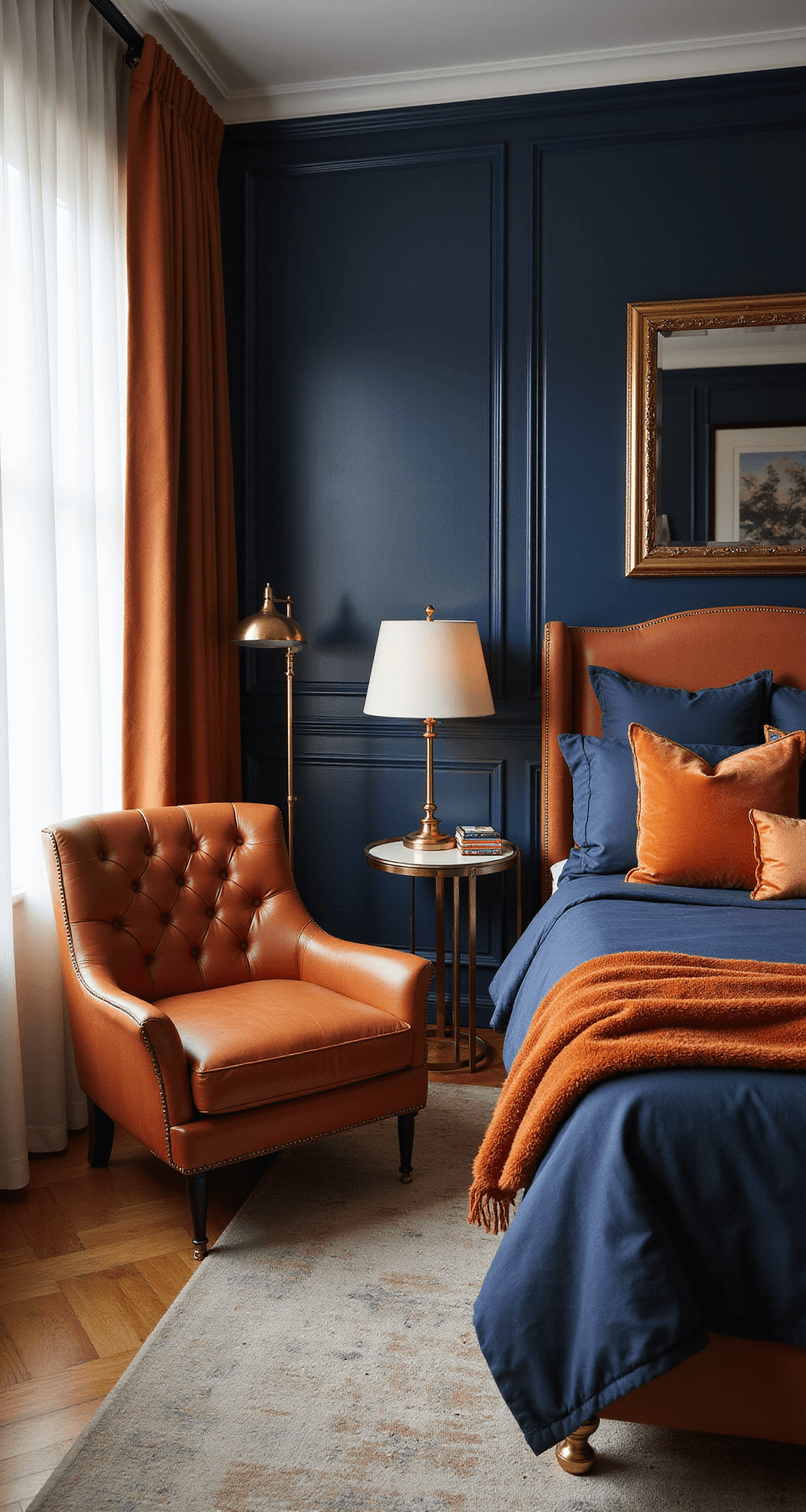 A master bedroom with burnt orange and navy blue color scheme, featuring a tufted burnt orange armchair, navy accent walls, and a king bed with navy bedding and burnt orange pillows. Afternoon light filters through white curtains, highlighting aged brass accents.