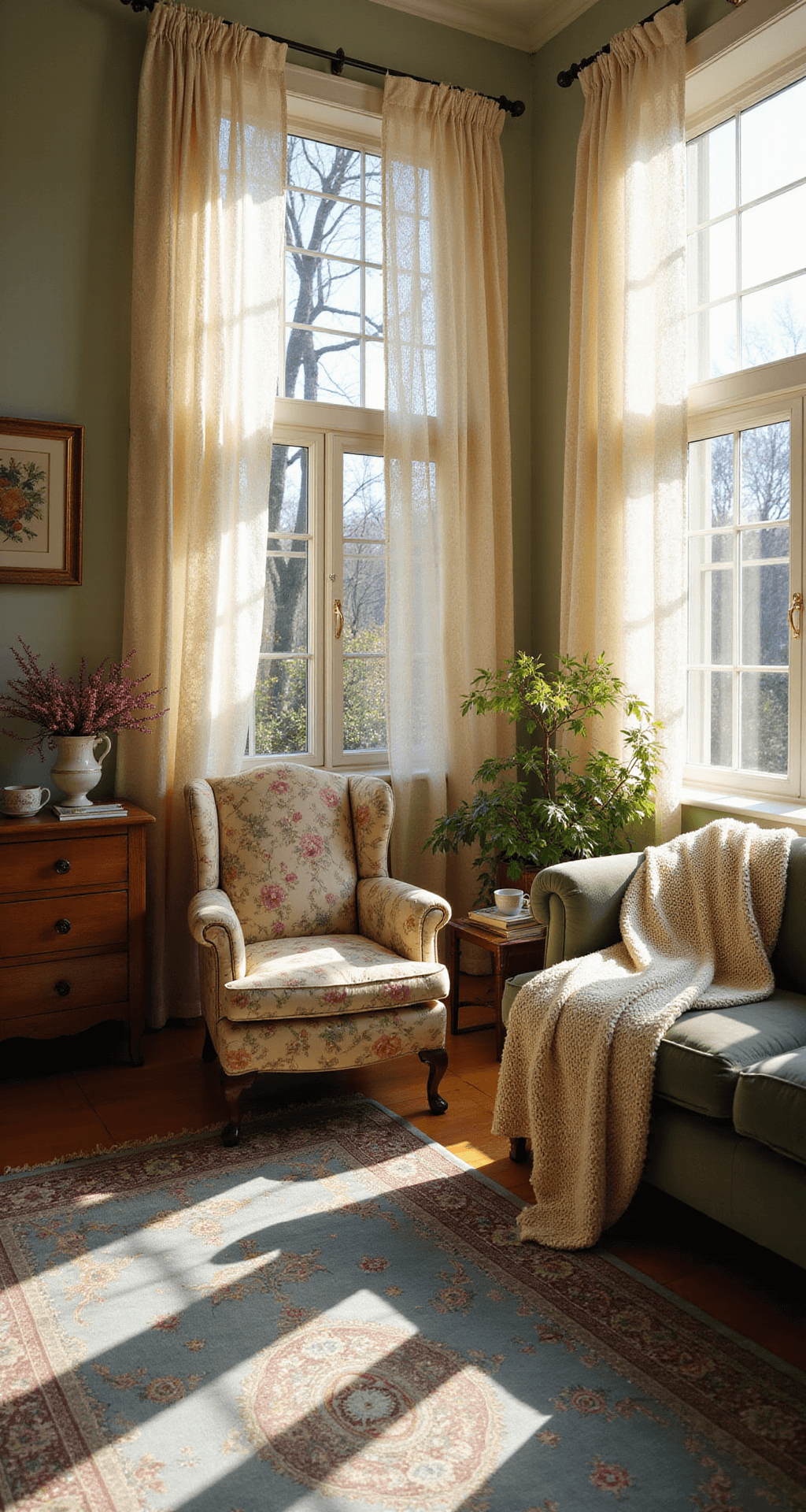 Granny Chic Decor: Vintage Charm Meets Modern Living Sunlit living room with bay windows, featuring a floral-print wingback chair, vintage teacups on an oak dresser, a Persian rug, and a velvet sofa adorned with crocheted throws, all illuminated by golden afternoon light and crystal prisms casting rainbows.