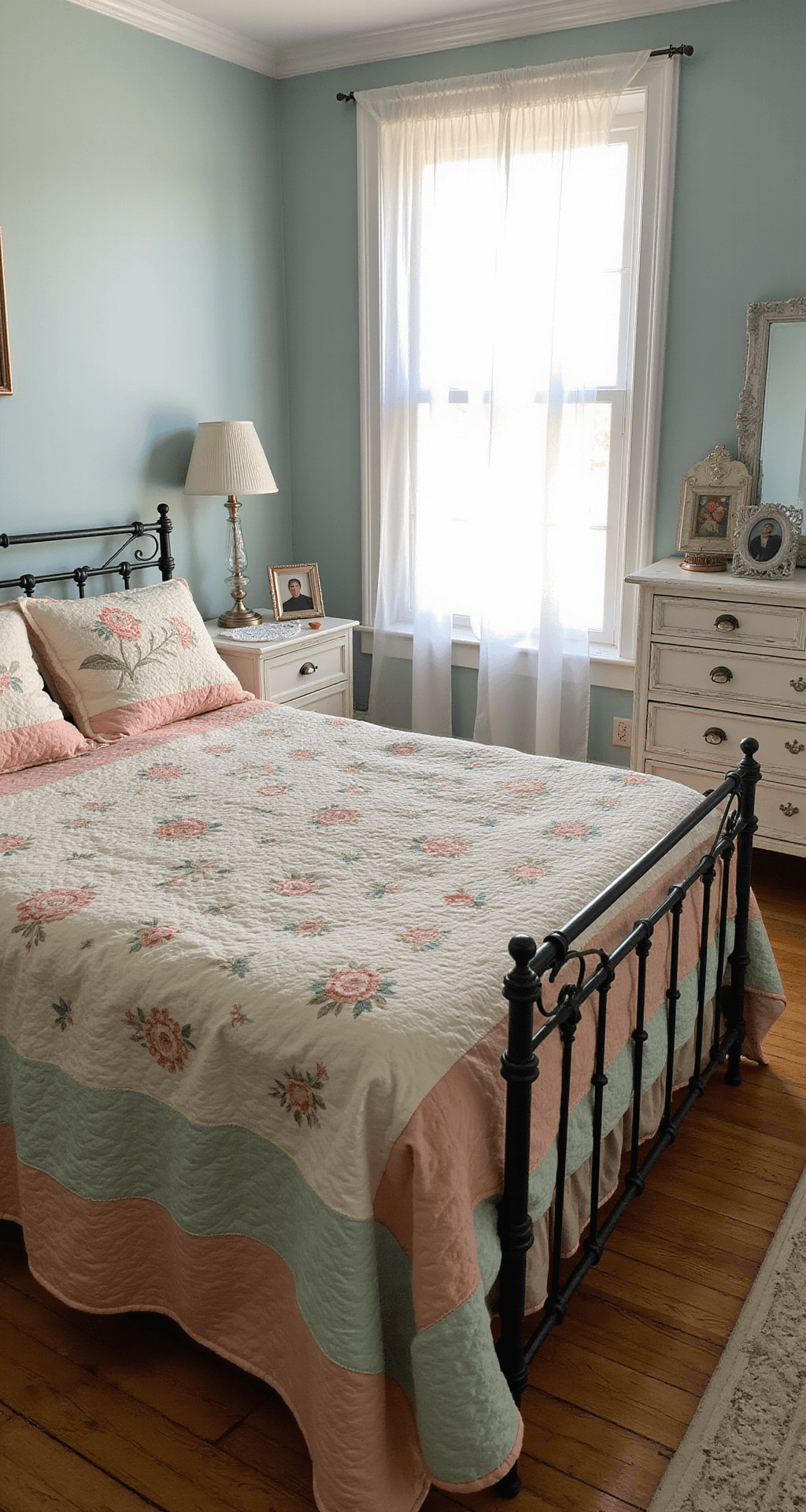 Intimate bedroom with crown molding and hardwood floors, showcasing morning light through sheer curtains, a wrought iron bed with vintage quilts, a distressed dresser with family photos, and doilies on bedside tables.