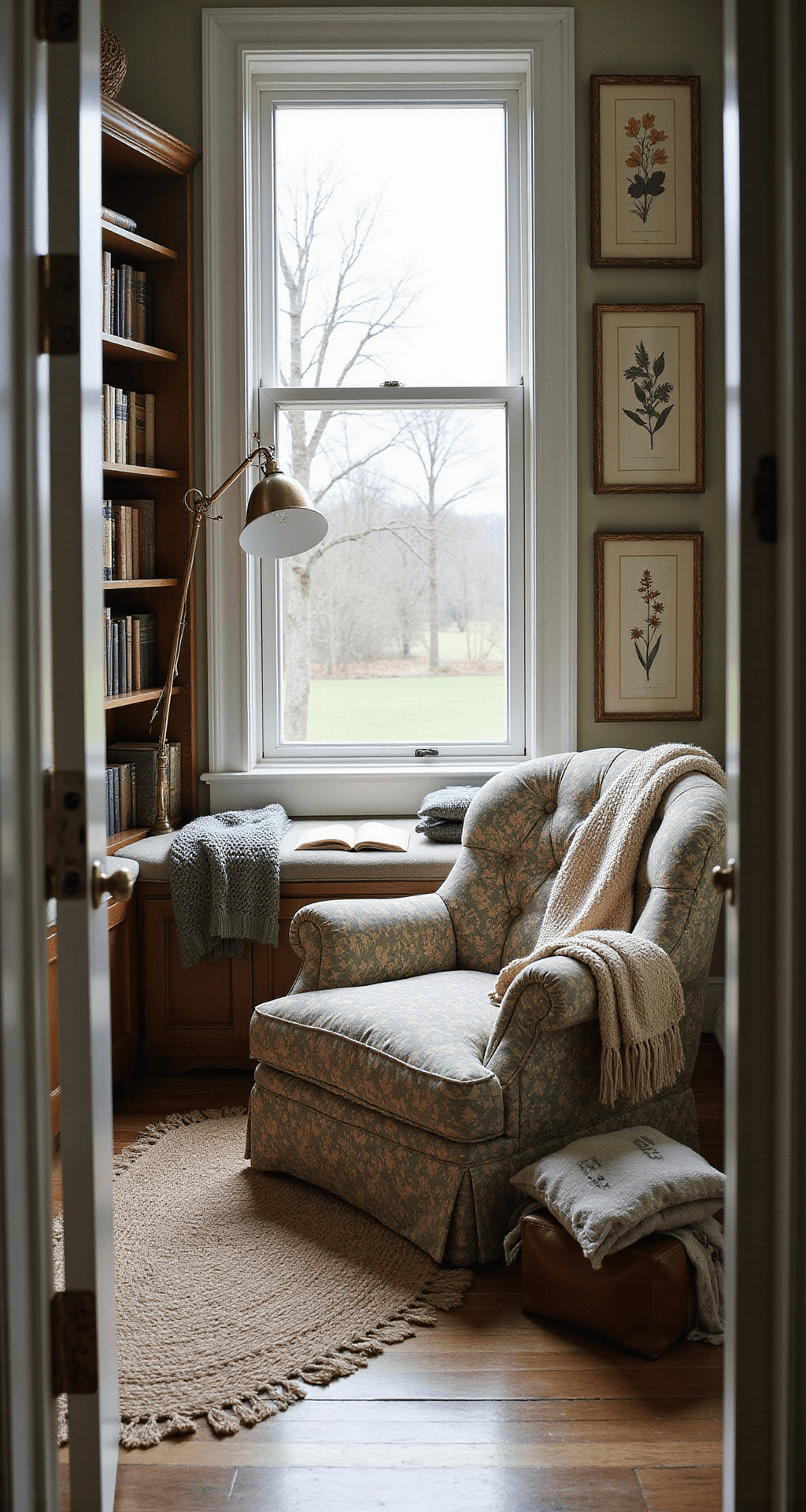 Cozy reading nook featuring a built-in window seat and an overstuffed armchair, illuminated by soft, diffused light from an overcast afternoon. The space includes a floor-to-ceiling bookshelf filled with leather-bound classics, chunky knit throws in oatmeal and sage green, and vintage botanical prints in gilt frames adorning the walls, all viewed from the doorway.