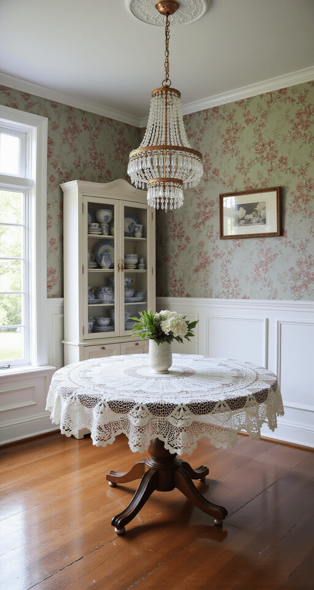 Bright dining room featuring wainscoting, a round oak pedestal table with a lace tablecloth, a glass-front cabinet displaying blue and white china, and a crystal chandelier. The space is bathed in mid-morning natural light, enhanced by floral wallpaper in muted rose and sage. Architectural details are highlighted in this wide-angle shot.