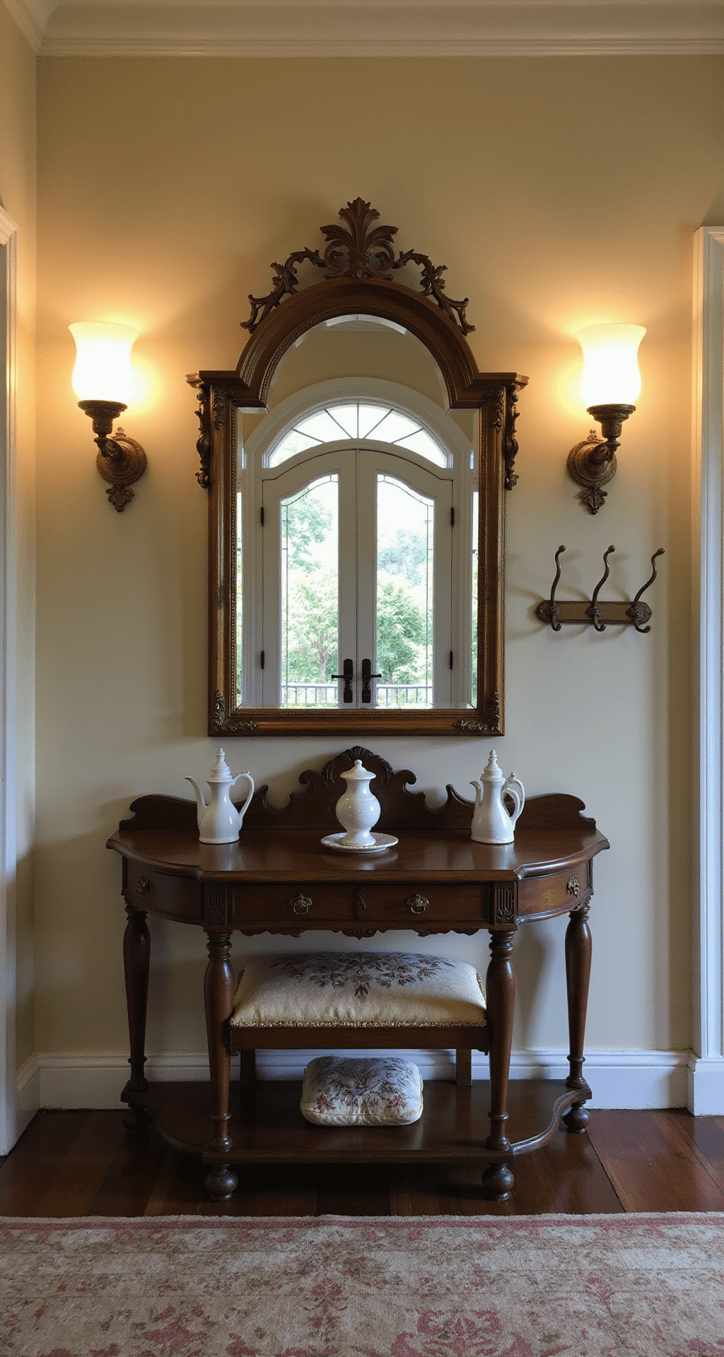 A character-rich entryway featuring an original archway, dusk lighting from vintage milk glass sconces, a dark walnut curved console table with ceramic figurines, an ornate gilded mirror reflecting warm light, an embroidered cushion on an antique bench, and a Victorian coat rack with brass hooks, all presented in a symmetrical composition.