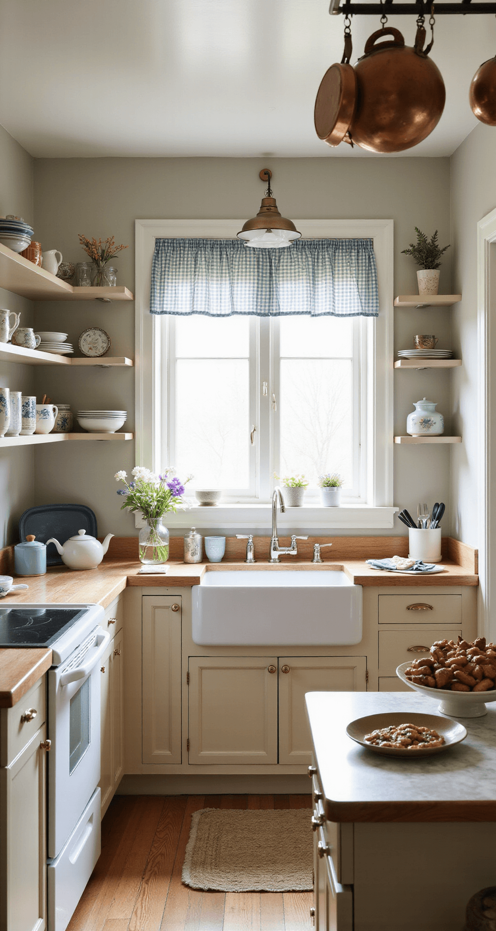 Charming 12x12ft kitchen featuring a farmhouse sink, morning light filtering through cafe curtains, and open shelving filled with vintage plates and teapots. A butcher block island with a marble pastry surface is centrally located, while copper pots hang from a ceiling rack. A soft blue and cream gingham valance adds to the decor, all captured in a cross-angle shot highlighting the kitchen's workflow triangle.