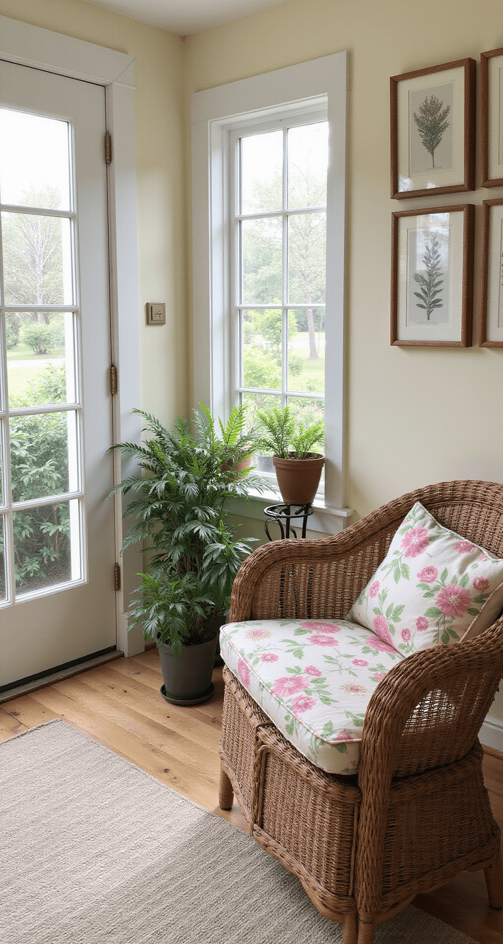 A serene sunroom featuring French doors, dappled late morning light, rattan furniture with pastel floral cushions, potted ferns on wrought iron stands, vintage botanical prints on cream walls, and a handwoven rag rug in subtle stripes, captured from a high angle to highlight the indoor-outdoor flow.