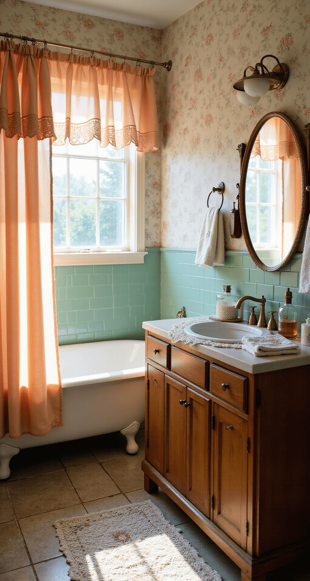 Granny Chic Bathroom: Your Ultimate Style Guide to Vintage-Inspired Comfort A vintage-inspired bathroom with mint green subway tiles, a clawfoot tub draped in a peach shower curtain, and a wooden vanity decorated with vintage perfume bottles, all bathed in warm morning light.