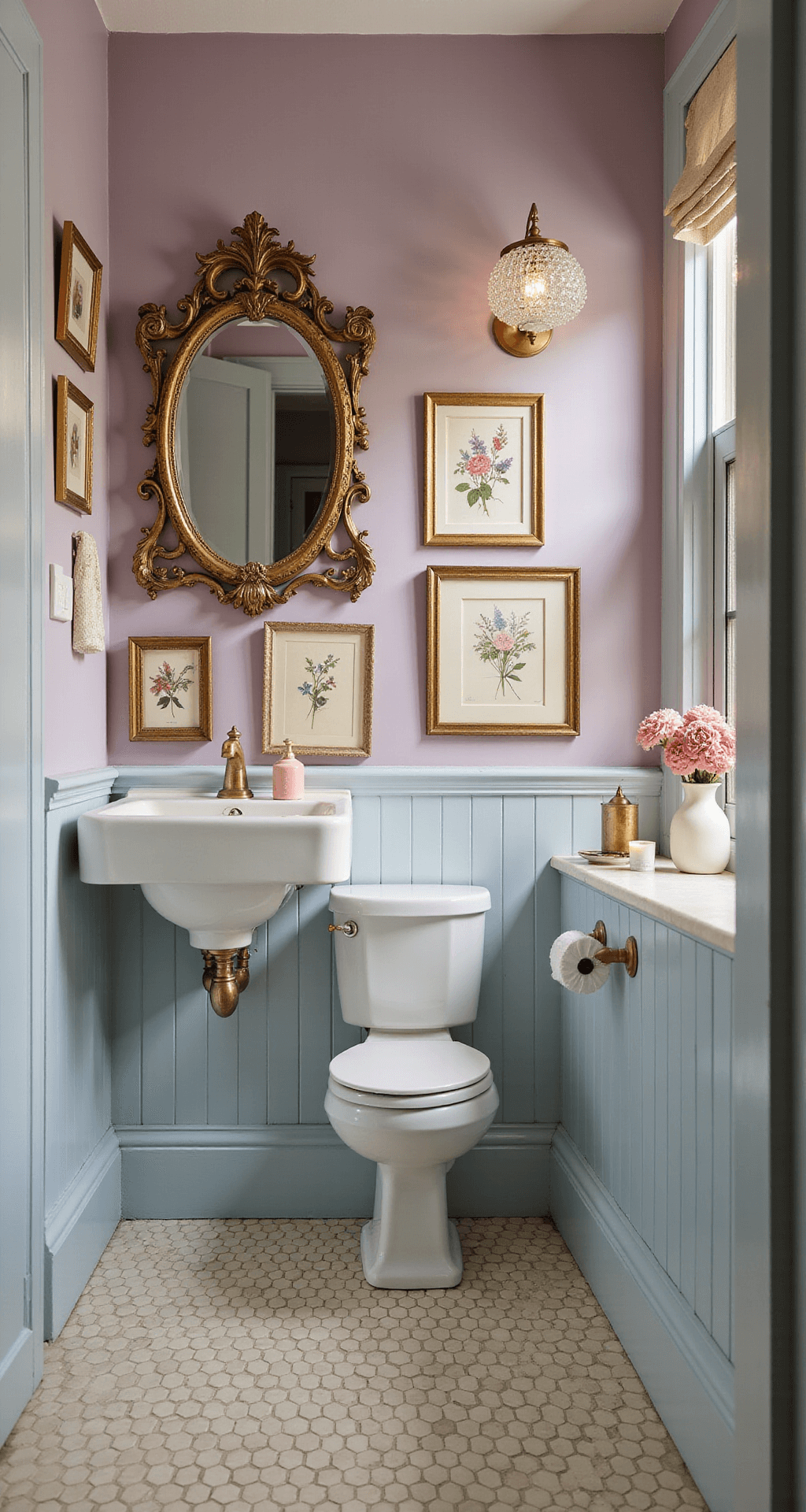 Cozy powder room with Victorian-style hexagonal floor tiles in cream and powder blue, featuring a vintage brass wall-mounted sink and ornate gilded mirror, lavender walls adorned with vintage botanical prints, milk glass vases with dried hydrangeas, hand-embroidered linens, and crystal light fixtures casting soft prismatic shadows during golden hour.