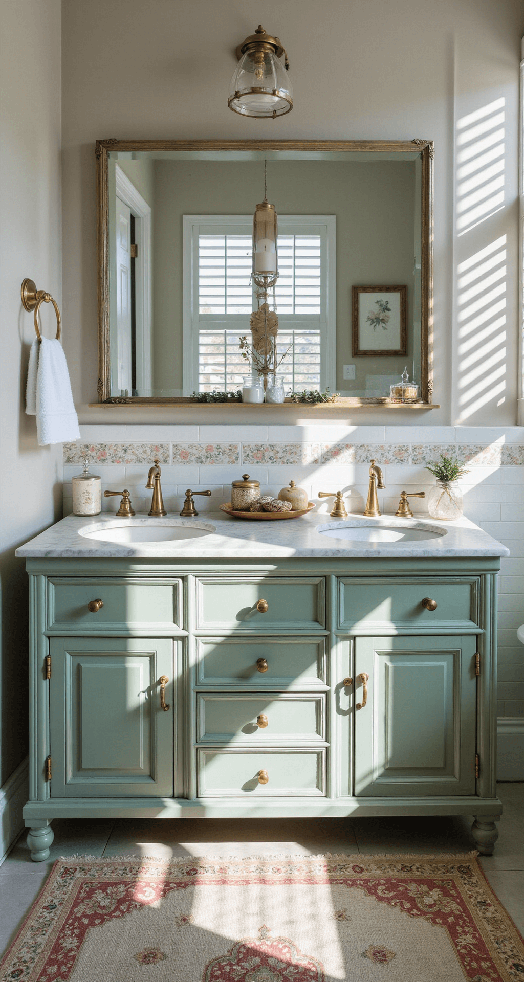 Overhead view of a vintage-inspired sage green double vanity in a master bathroom, featuring marble countertops and brass fixtures, illuminated by morning light through plantation shutters, with decorative accessories and a pastel Turkish rug.