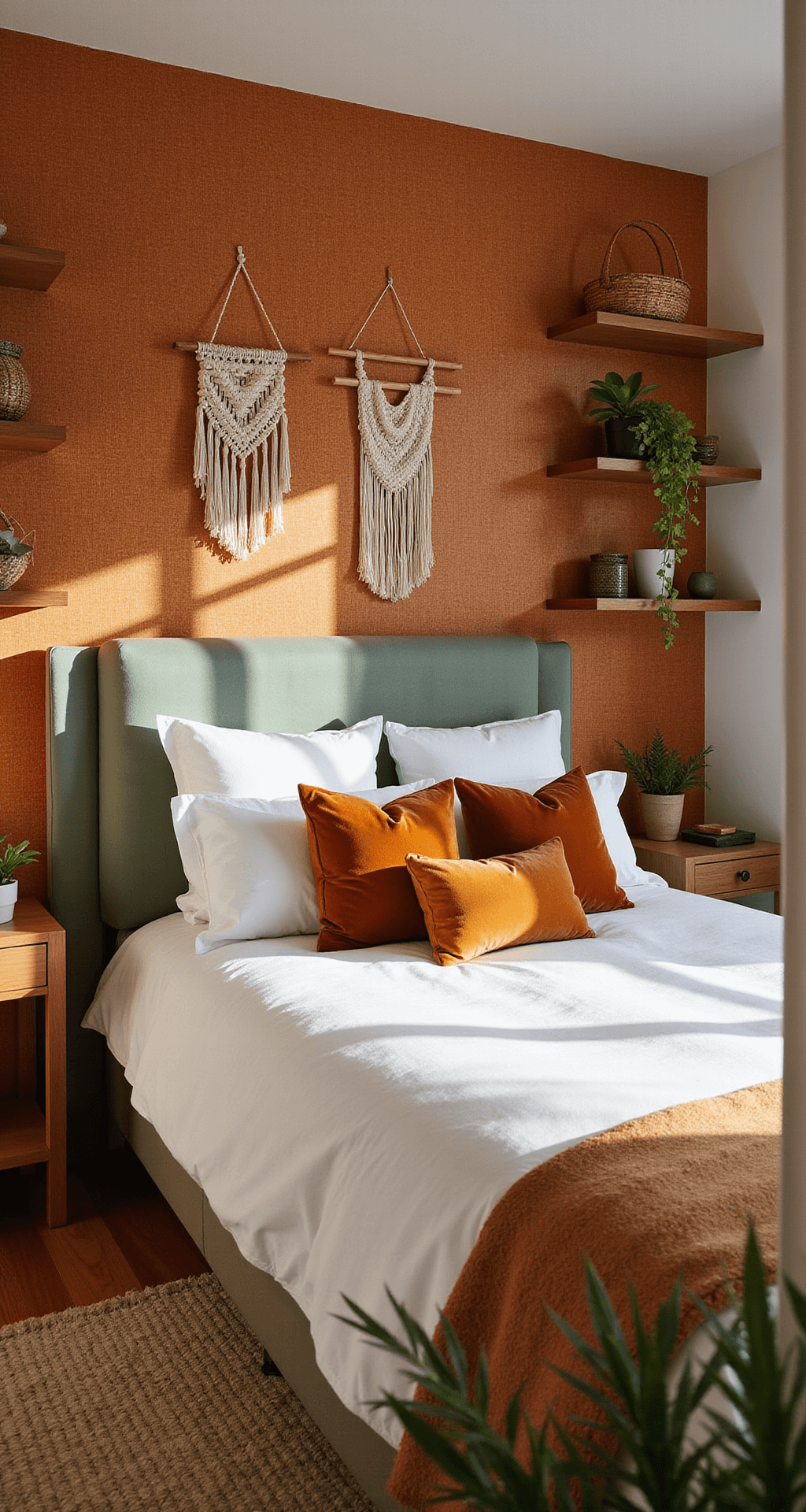 Cozy bedroom with burnt orange grasscloth accent wall, sage green headboard, white linens, burnt orange pillows, woven baskets, macramé hangings, and potted plants on wooden shelves.