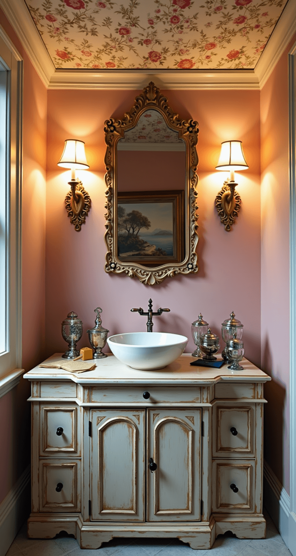Intimate bathroom vignette featuring a restored antique washstand with a modern vessel sink, soft pink walls, floral wallpaper ceiling, vintage apothecary jars, silver-backed brushes, and miniature landscape paintings, illuminated by candlelight and wall sconces, captured with shallow depth of field.