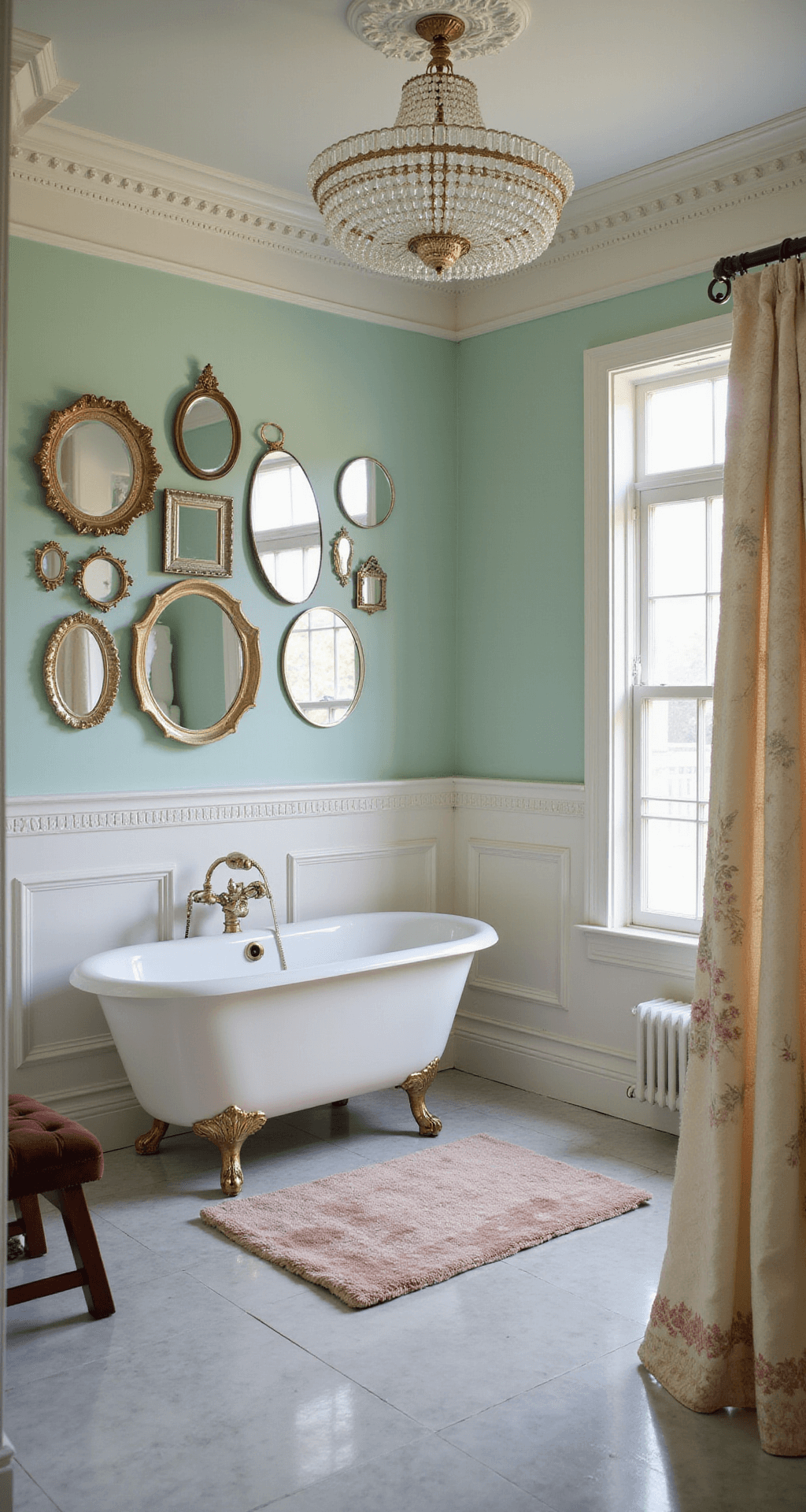 Wide-angle view of a spacious 10x12' master bath at twilight, featuring a 1920s pedestal tub under a crystal chandelier, soft mint walls with crown molding, white wainscoting, and marble floors, adorned with vintage mirrors, a velvet stool, chenille bath mat, and an embroidered shower curtain in cream and blush.