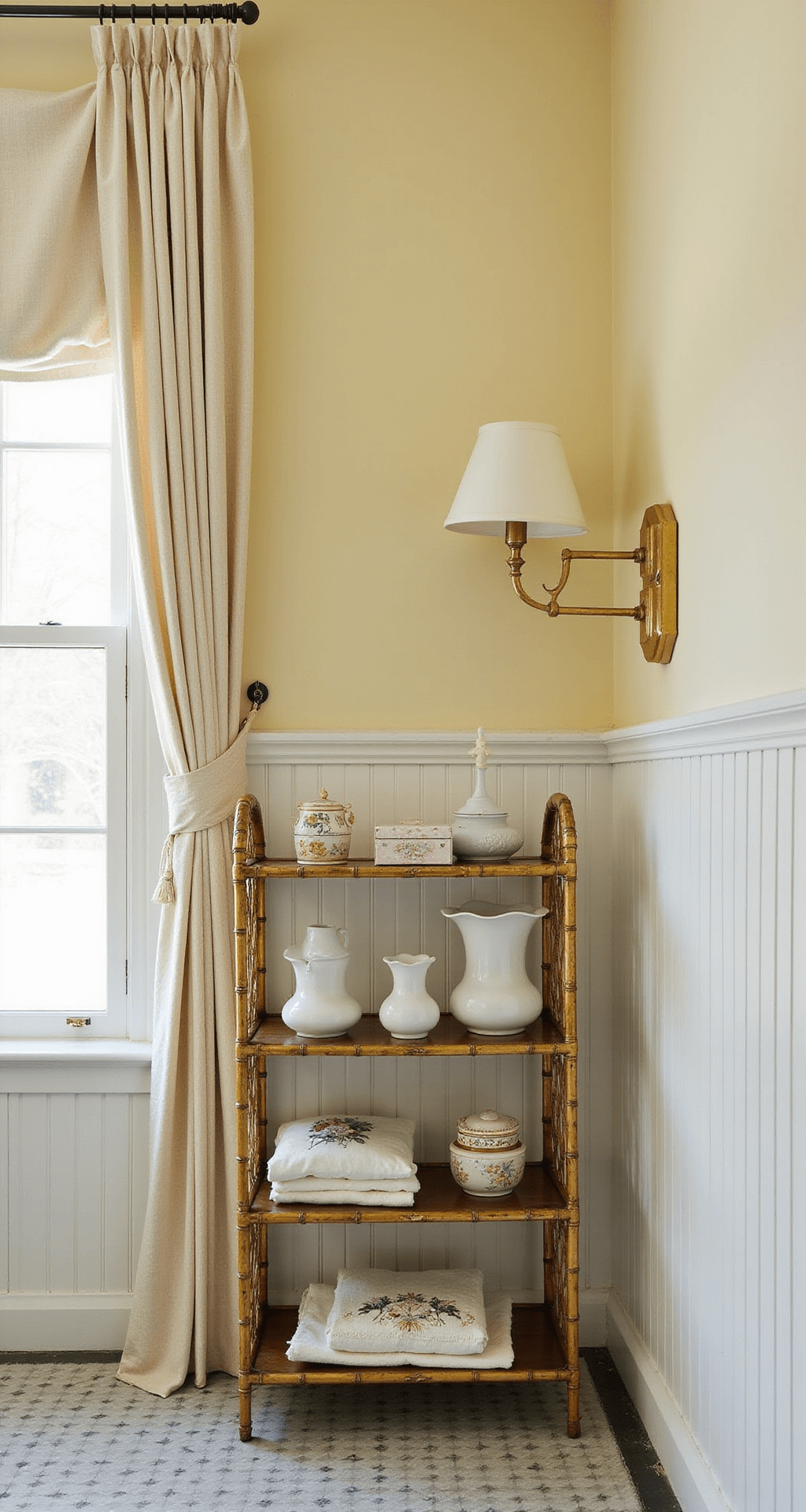 A detailed shot of a corner powder room featuring a gilded bamboo etagere filled with vintage treasures like milk glass vases and porcelain trinket boxes, set against pale yellow walls and white beadboard wainscoting, illuminated by a brass task lamp and natural light through cafe curtains.