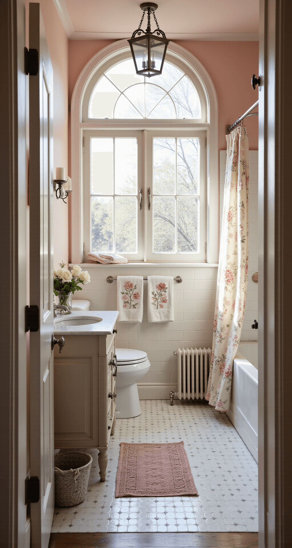 Bright and airy bathroom at sunrise, featuring pastel pink walls, classic white subway tiles, a painted French vanity with a marble sink, vintage silver accessories, fresh garden roses, a handmade shower curtain with soft floral patterns, and embroidered towels, all viewed from the doorway with a wide-angle perspective.