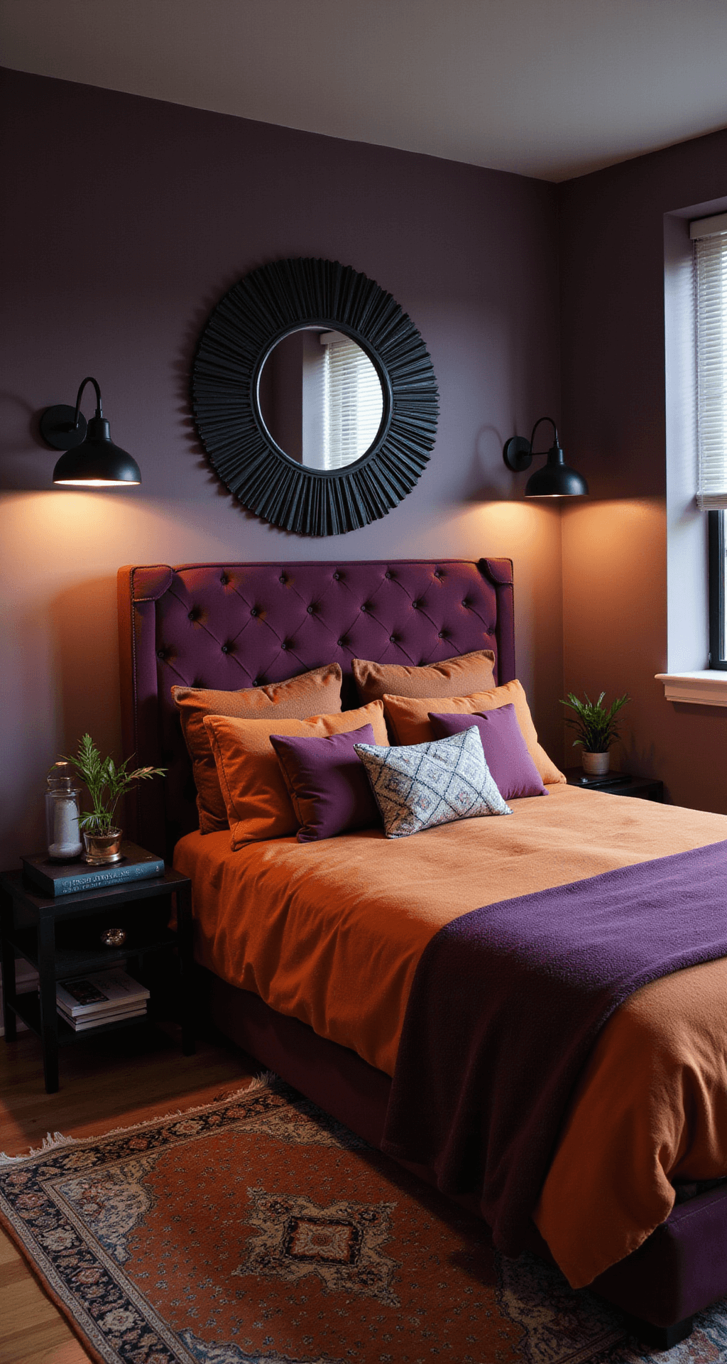 Contemporary bedroom with plum and burnt orange color scheme, featuring a velvet headboard, geometric pillows, black metal furniture, a vintage Persian rug, art deco mirror, and intimate dusk lighting from black sconces.
