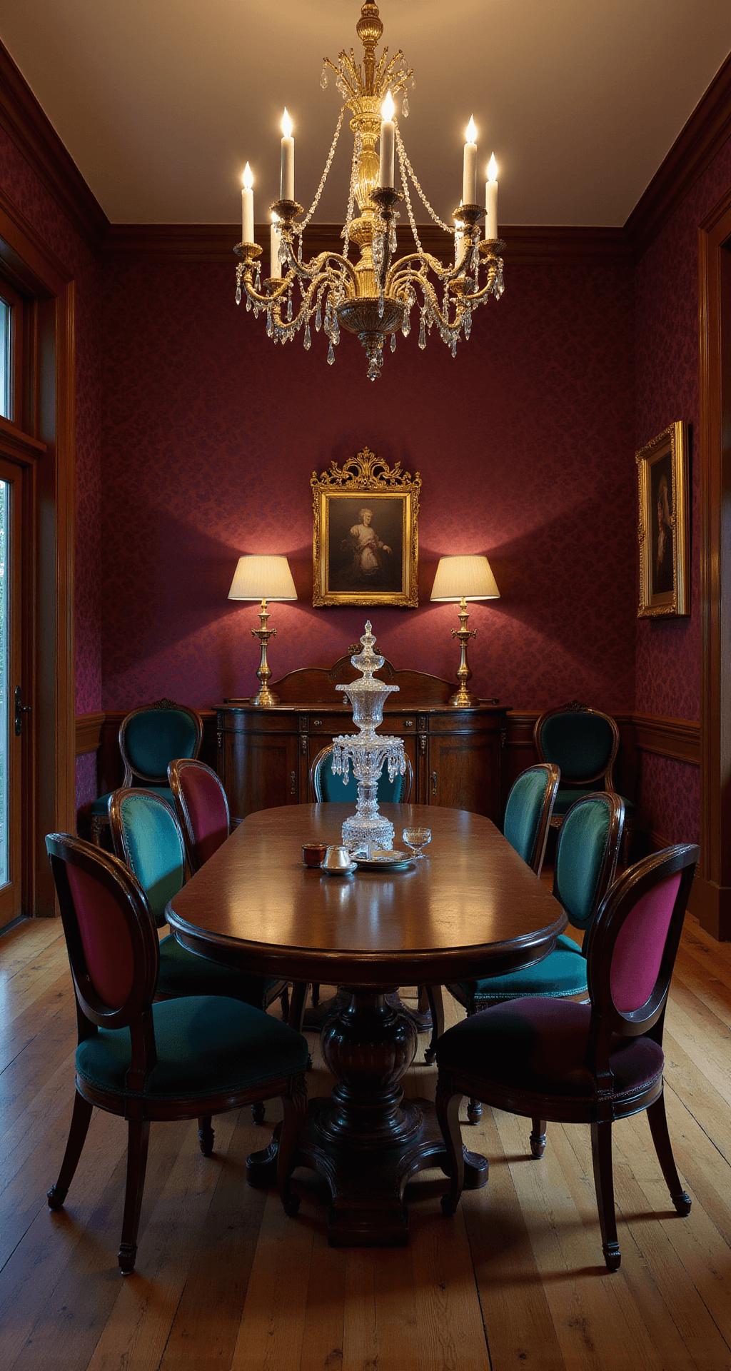 Dramatic evening dining room featuring a Victorian sideboard and jewel-toned velvet chairs surrounding an oval table, illuminated by crystal candelabras against deep burgundy damask wallpaper.