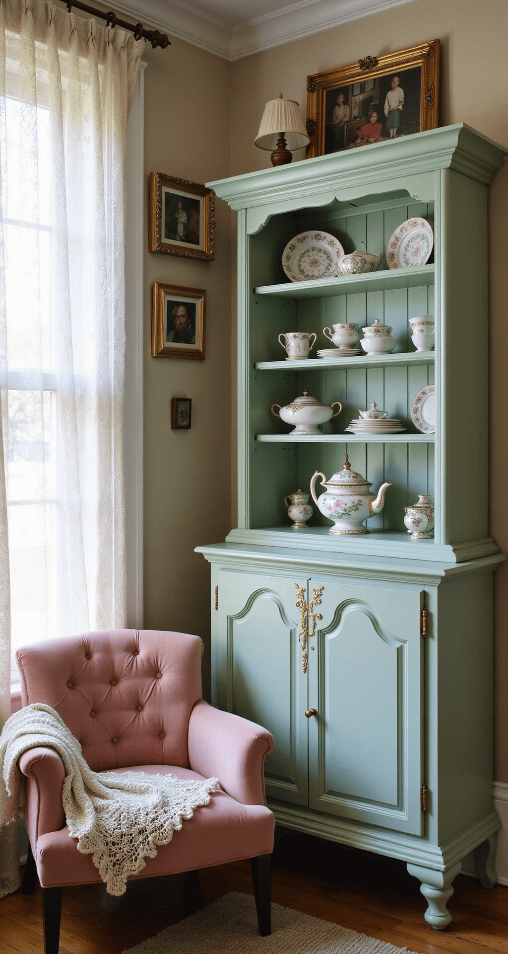 A cozy corner of a 15x15 ft dining space featuring a mint green china hutch filled with vintage teacups and silver serving pieces, a rose velvet tufted armchair with a crocheted throw, a gallery wall of framed family photos, and soft sunlight filtered through delicate lace curtains, captured from a low angle to emphasize details and shadows.