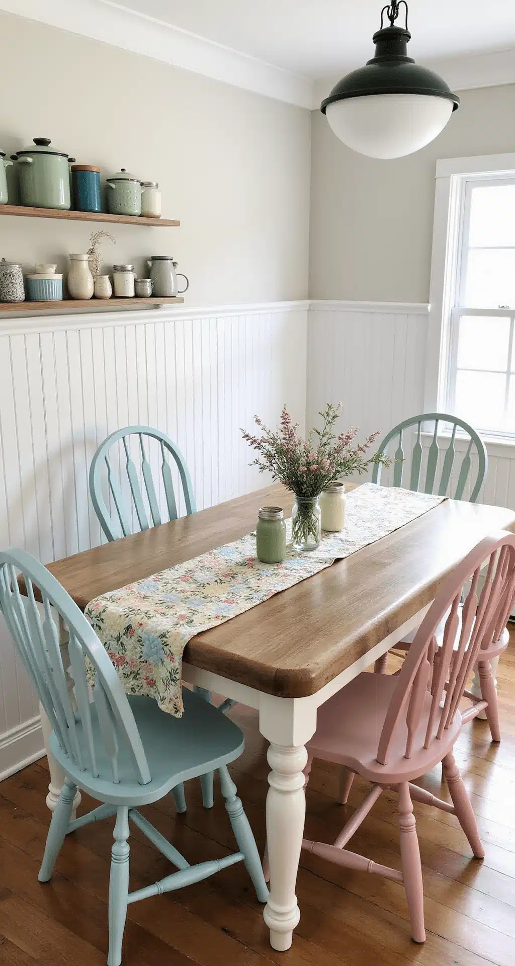 Bright breakfast room featuring white beadboard wainscoting, a rustic farmhouse table with pastel painted wooden chairs, a quilted runner, mason jars filled with wildflowers, and a vintage enamelware collection on open shelving, all bathed in warm morning light.