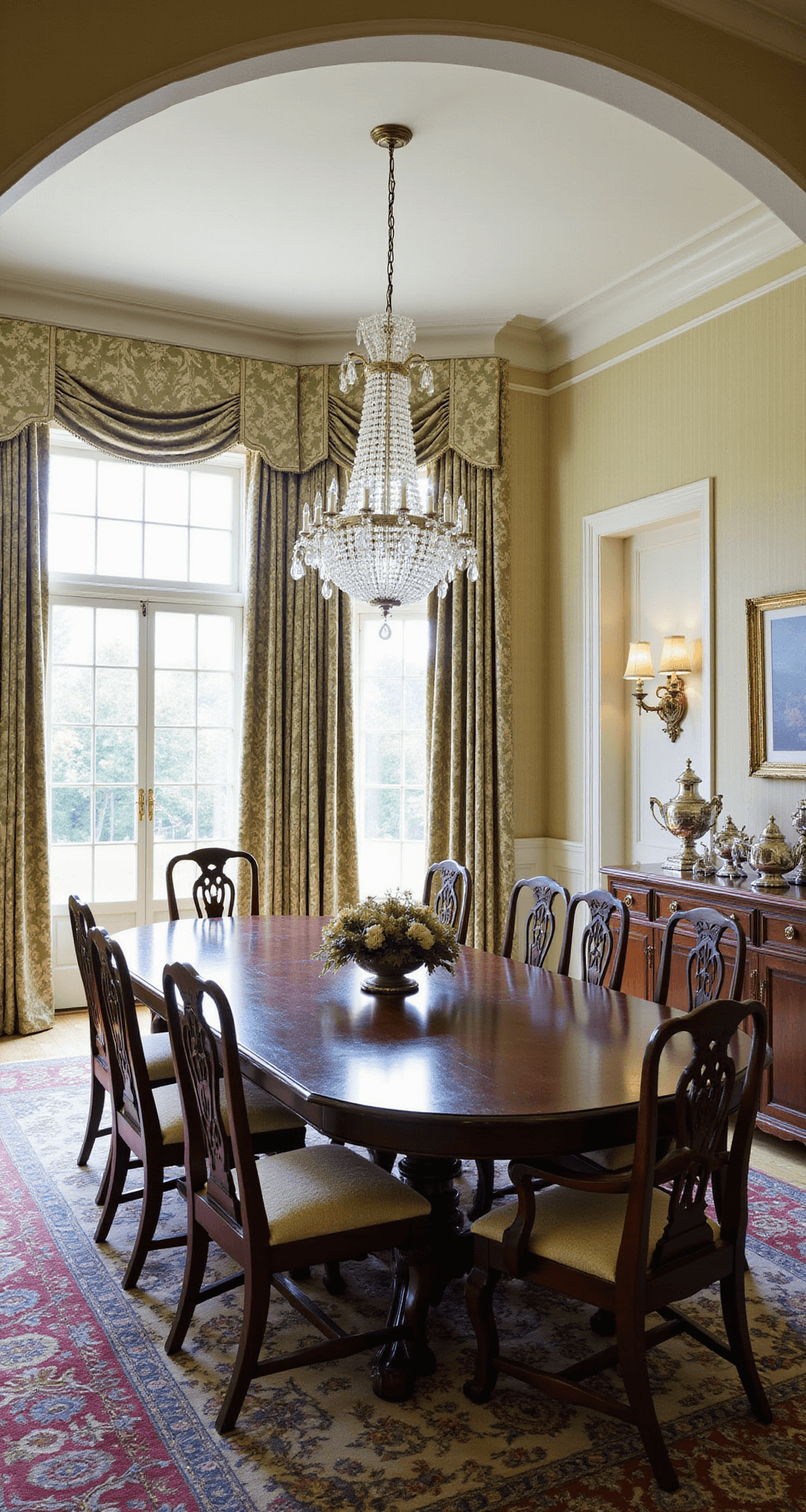 A formal dining room featuring an architectural archway, a grand crystal chandelier above a mahogany extension table, Chippendale-style chairs with needlepoint seats, floor-to-ceiling windows draped in sage and cream damask, a silver tea service on a buffet, and a muted red and blue oriental rug, all illuminated by soft afternoon light.