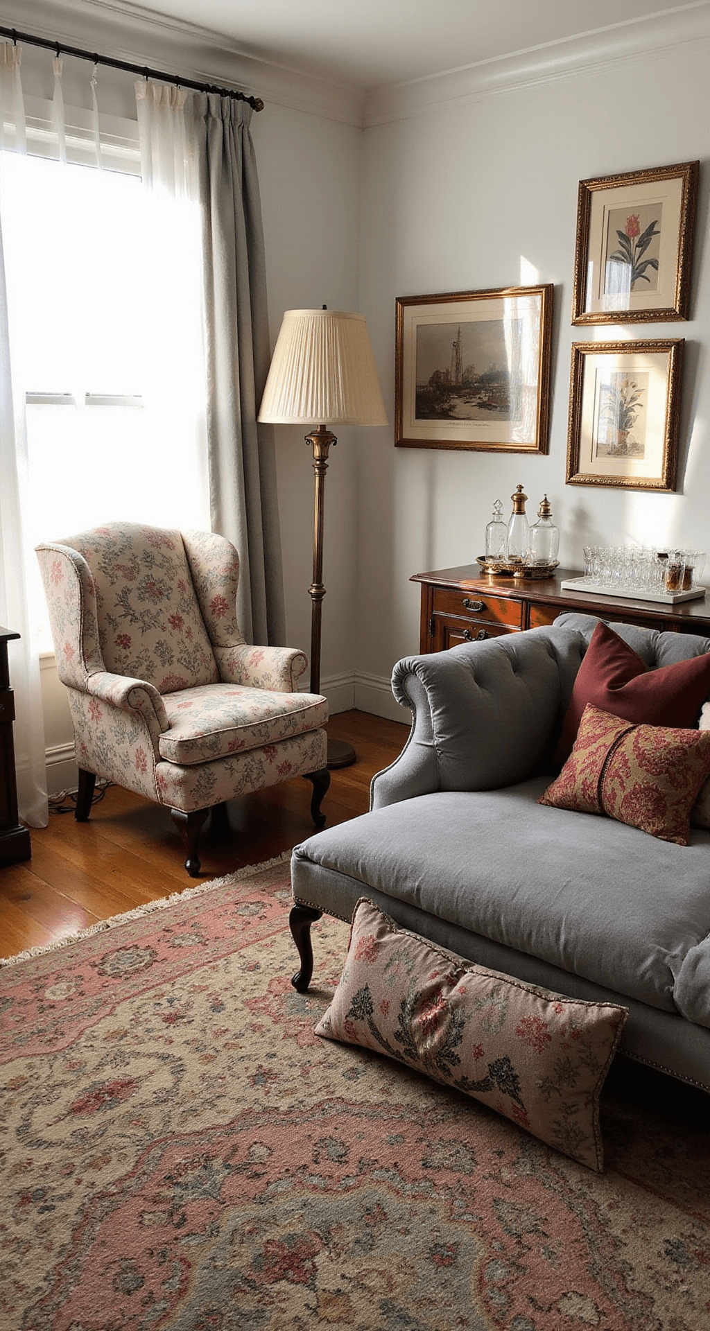 A sunlit living room featuring a plush floral-patterned wingback chair, brass floor lamp, layered rugs, a gray linen sofa with eclectic pillows, and vintage botanical prints, all highlighted by natural light filtering through sheer lace curtains.
