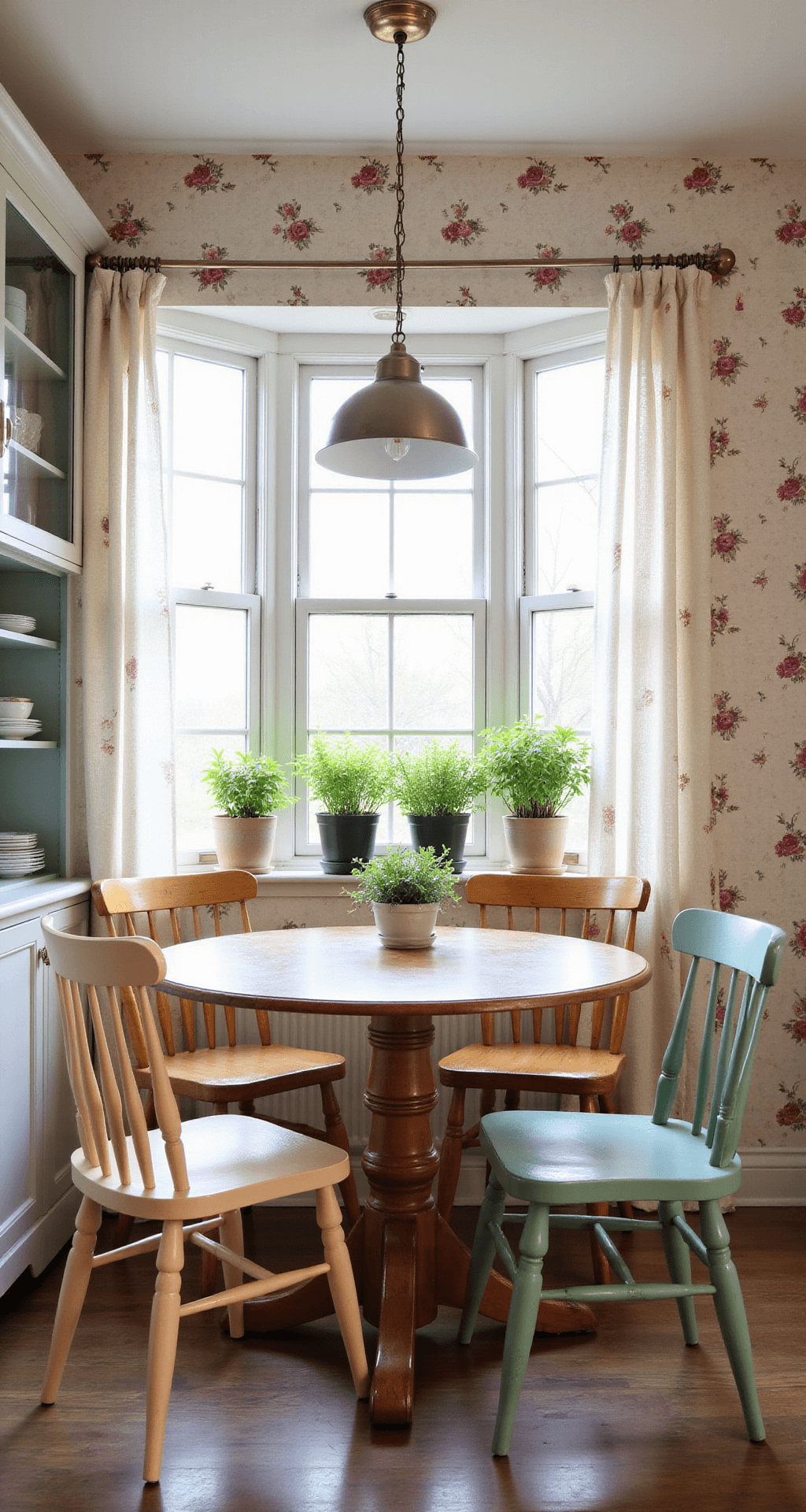 A cozy breakfast nook featuring cream chintz wallpaper with pink roses, a round oak pedestal table surrounded by mismatched pastel-painted wooden chairs, a modern brass-accented pendant light, glass-fronted cabinets showcasing china, and potted herbs on the windowsill, all illuminated by soft morning light.