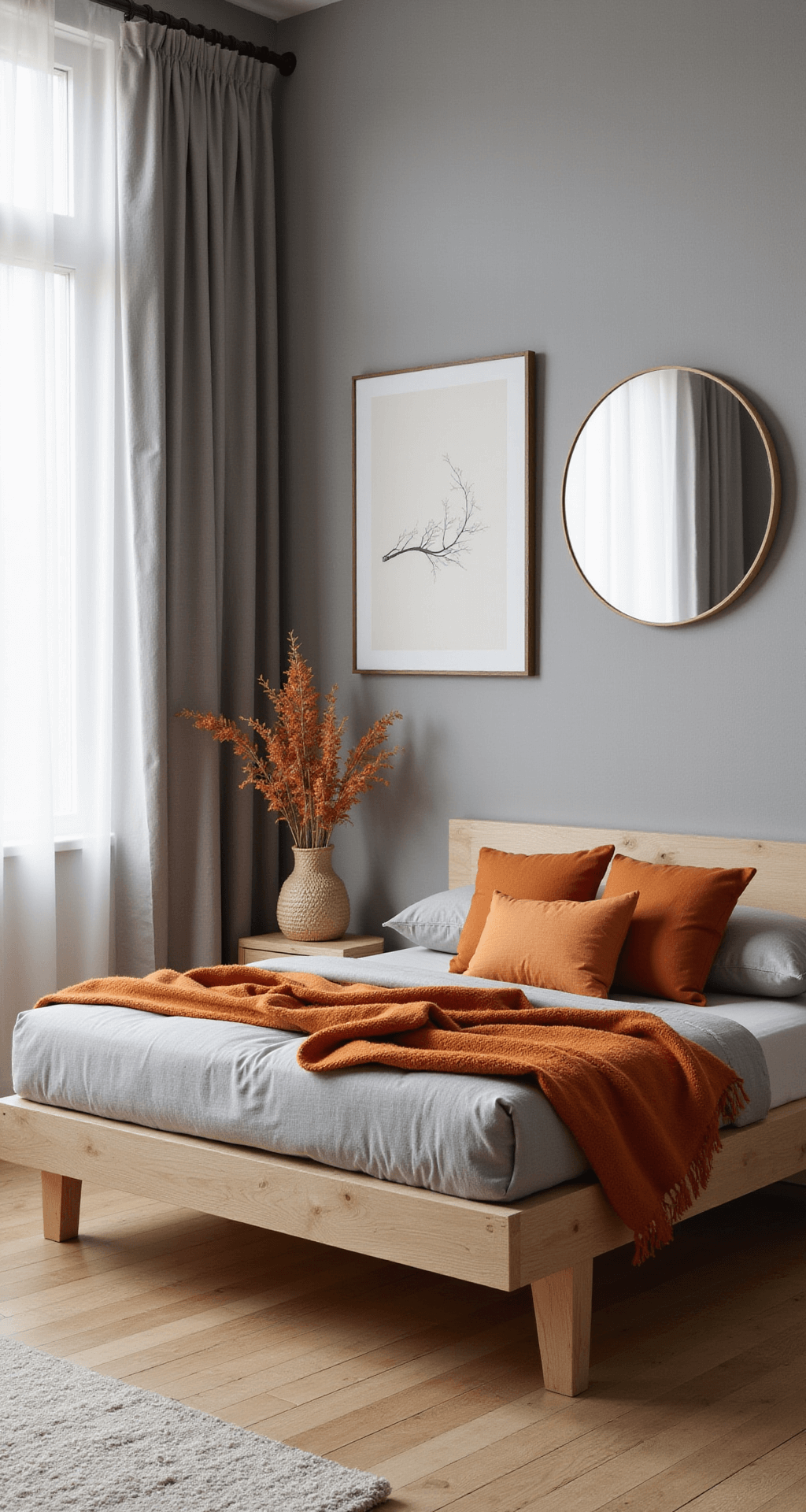 Minimalist bedroom with warm gray walls and burnt orange accents, featuring a light oak platform bed, gray bedding, and carefully placed pillows and throw.