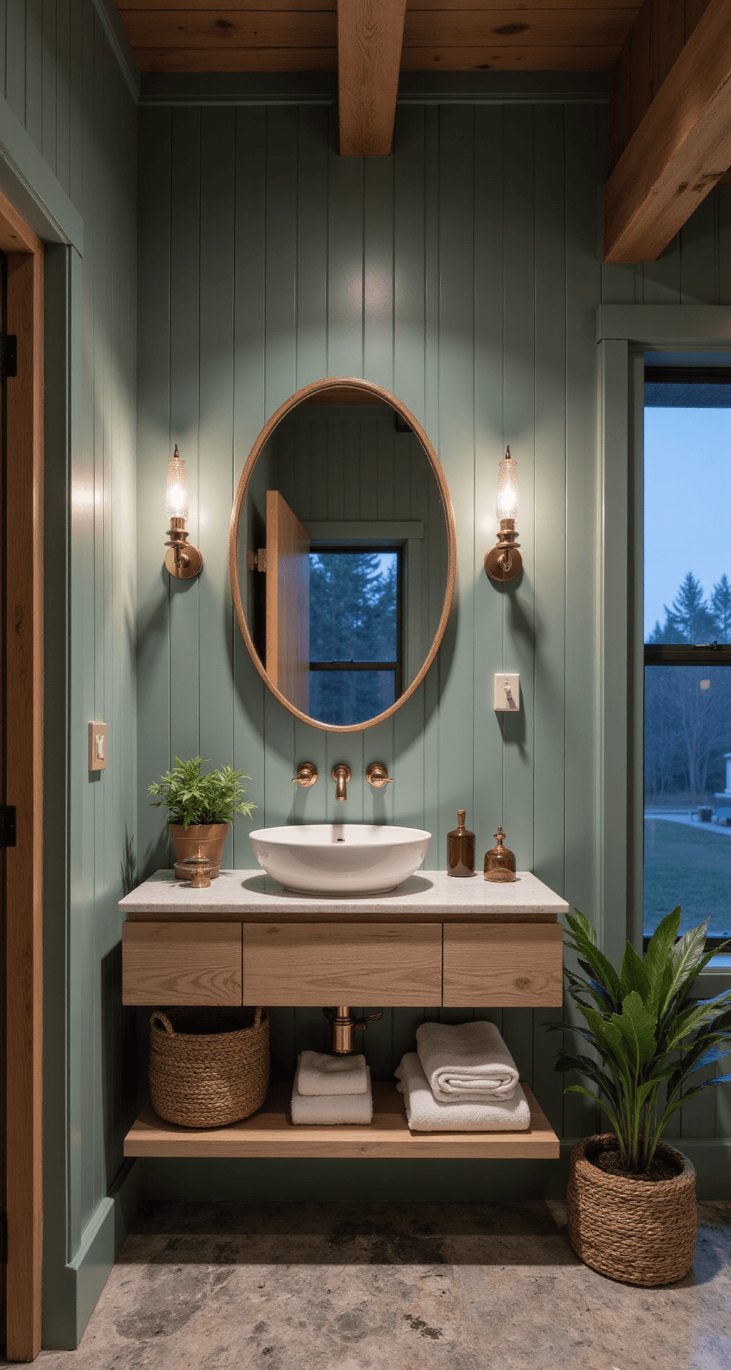 A cozy bathroom with sage green shiplap walls and wooden beams, featuring a bleached oak floating vanity, circular mirror with brass fixtures, pebble tile flooring, and natural elements like ferns and woven baskets, captured at blue hour with soft lighting.