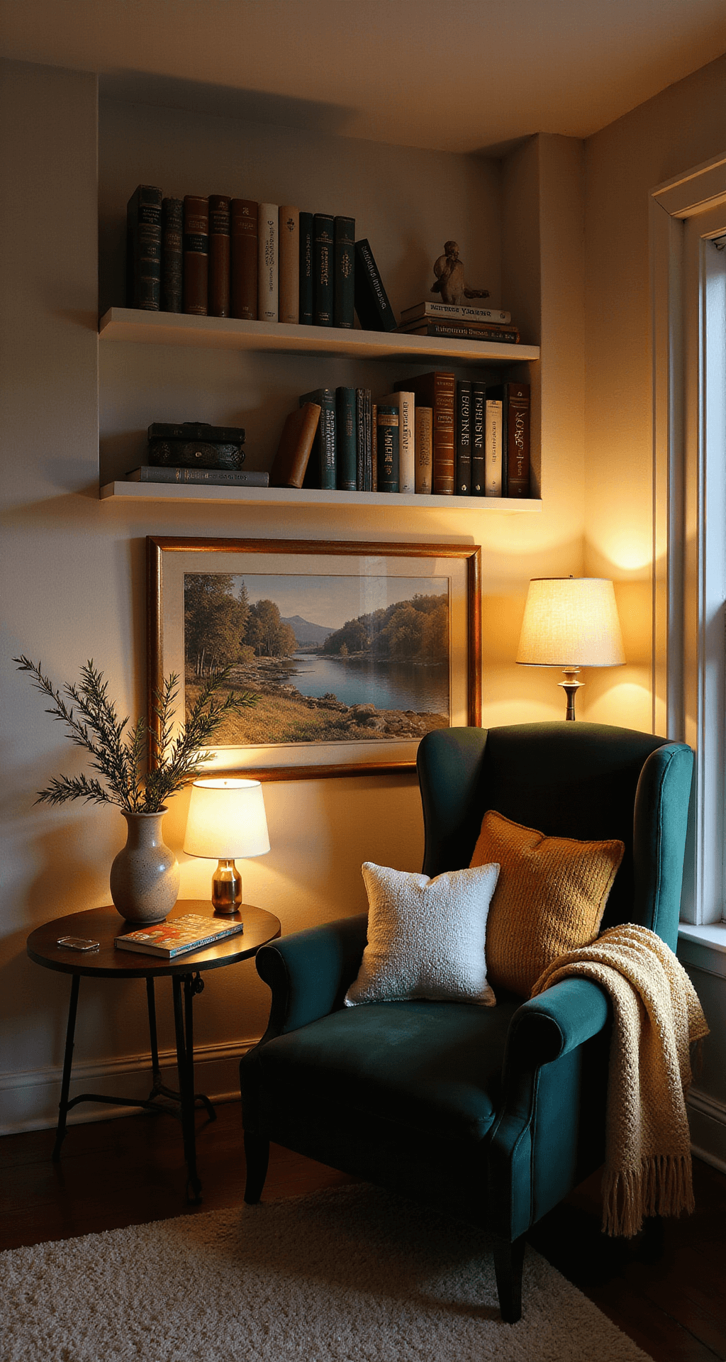 A cozy 10x12ft reading corner at dusk featuring a deep green velvet armchair, a modern brass side table, vintage table lamps with fabric shades, floating shelves filled with antique hardbacks and contemporary coffee table books, hand-crocheted throws in cream and mustard, traditional needlepoint pillows, and a modern abstract canvas, all creating an intimate atmosphere.