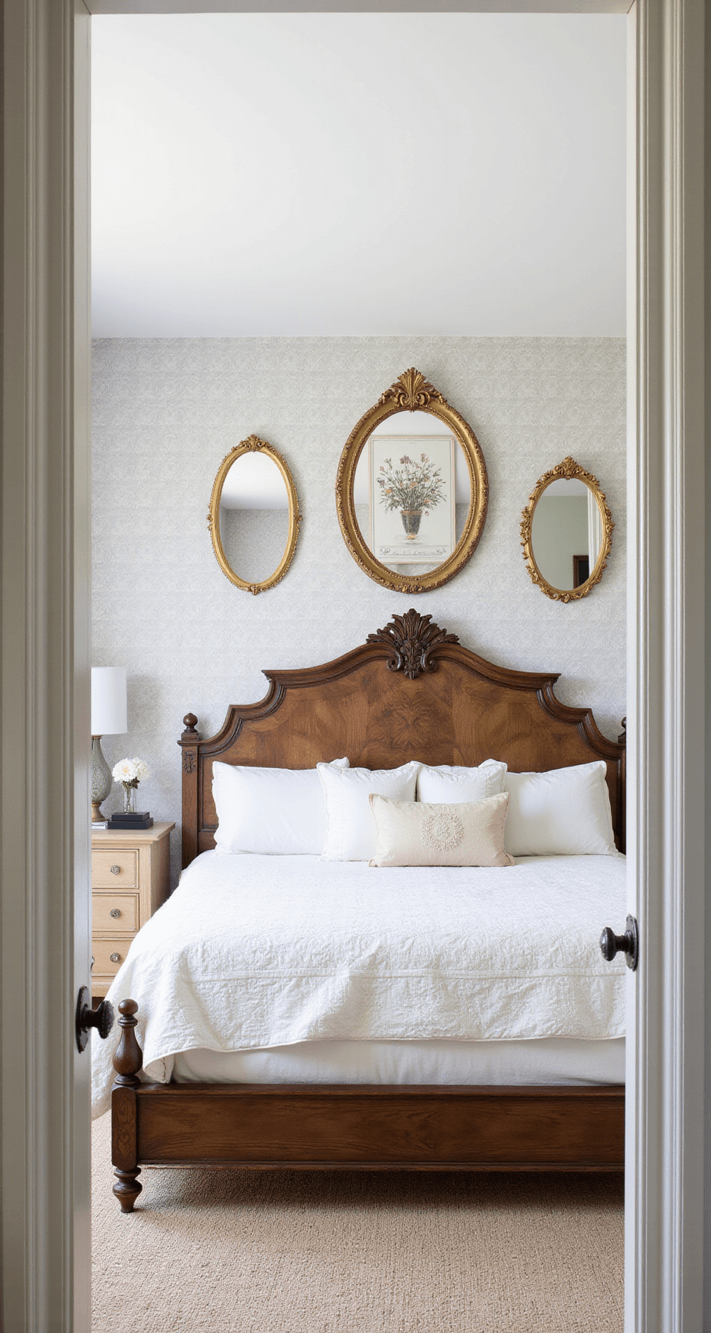 A spacious main bedroom featuring a carved wooden bed adorned with white linens and vintage quilts, set against modern geometric gray wallpaper. Gilt-framed mirrors and pressed flower art decorate the walls, while crystal doorknobs and vintage dresser hardware catch the mid-morning light.