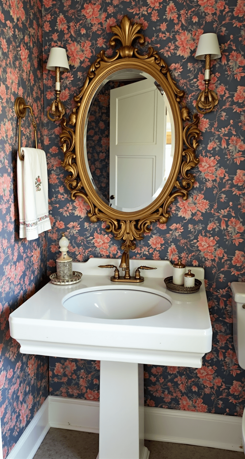 A charming powder room with vintage navy and coral floral wallpaper, a contemporary bleached oak floating vanity, an ornate gilt mirror, traditional sconces, hand-embroidered linens, modern marble accessories, and antique perfume bottles on silver trays, captured straight-on to highlight the wallpaper pattern.