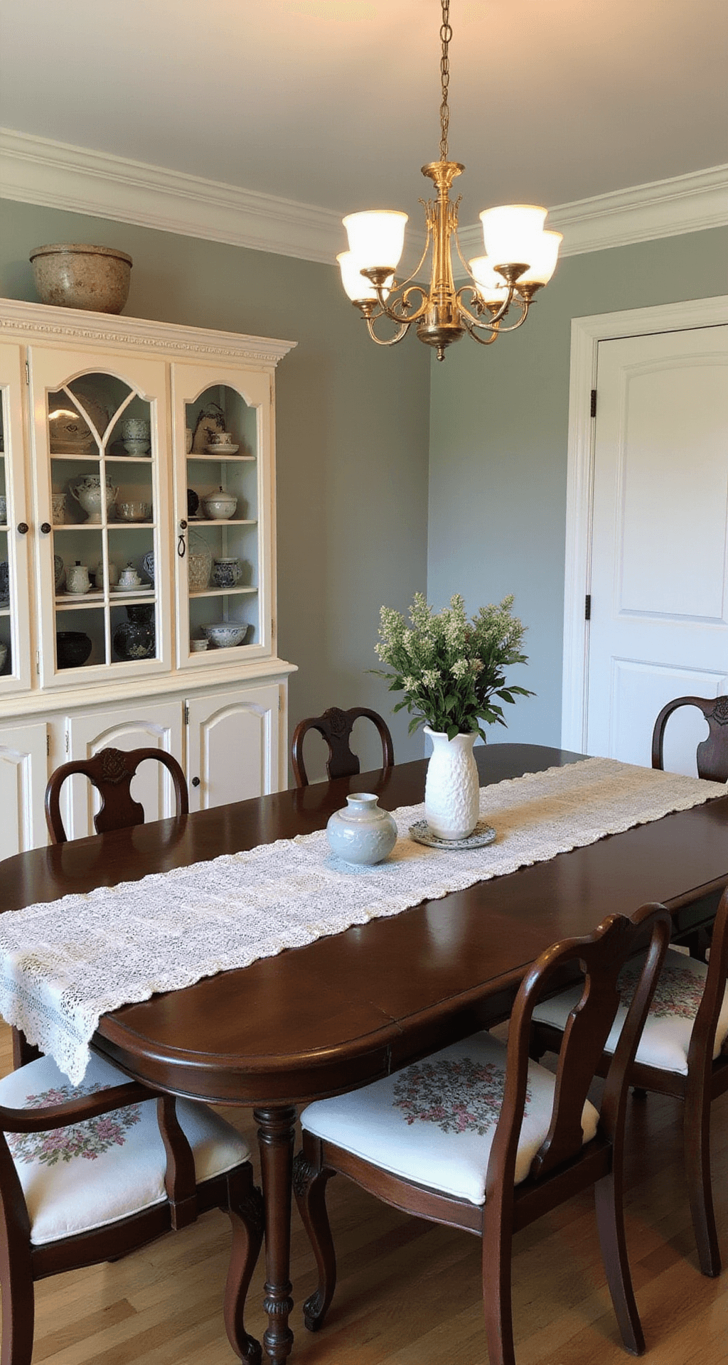 A warmly lit dining room at twilight featuring a modern glass chandelier above an antique mahogany table with vintage lace runners and contemporary ceramics. Mismatched cream-painted dining chairs with needlepoint cushions surround the table, while a china cabinet showcases a blend of heirloom china and modern pottery.