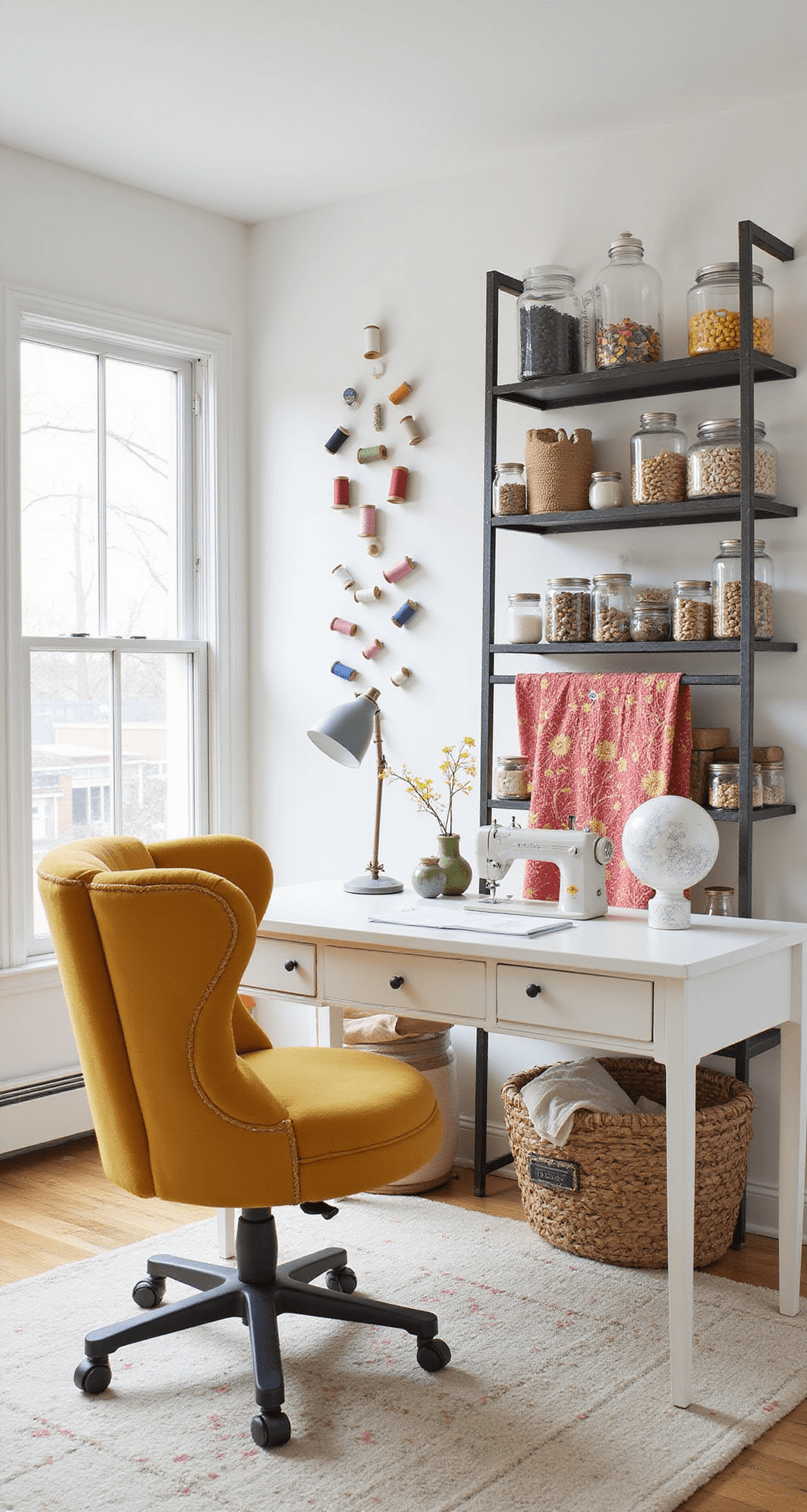 A bright 12x14ft crafting room with a modern white desk and a mustard velvet sewing chair, featuring vintage thread spools on white walls, glass jars with buttons and ribbons on metal shelving, and colorful handmade quilts on a ladder shelf, shot from above.
