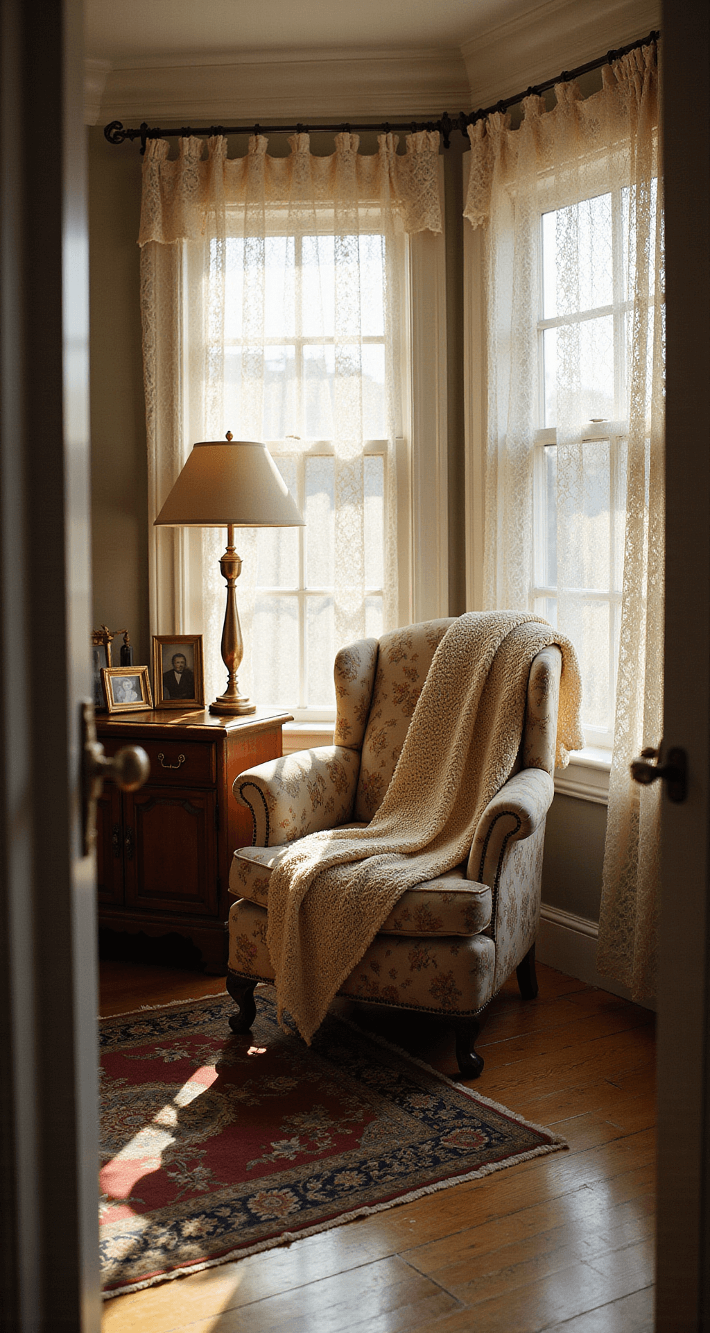 Cozy living room with bay windows, featuring a weathered floral armchair draped with a hand-crocheted afghan, a worn wooden side table with vintage brass lamp and family photos, lace curtains filtering soft light onto hardwood floors, and a Persian rug in muted colors; captured from a low angle during golden hour.