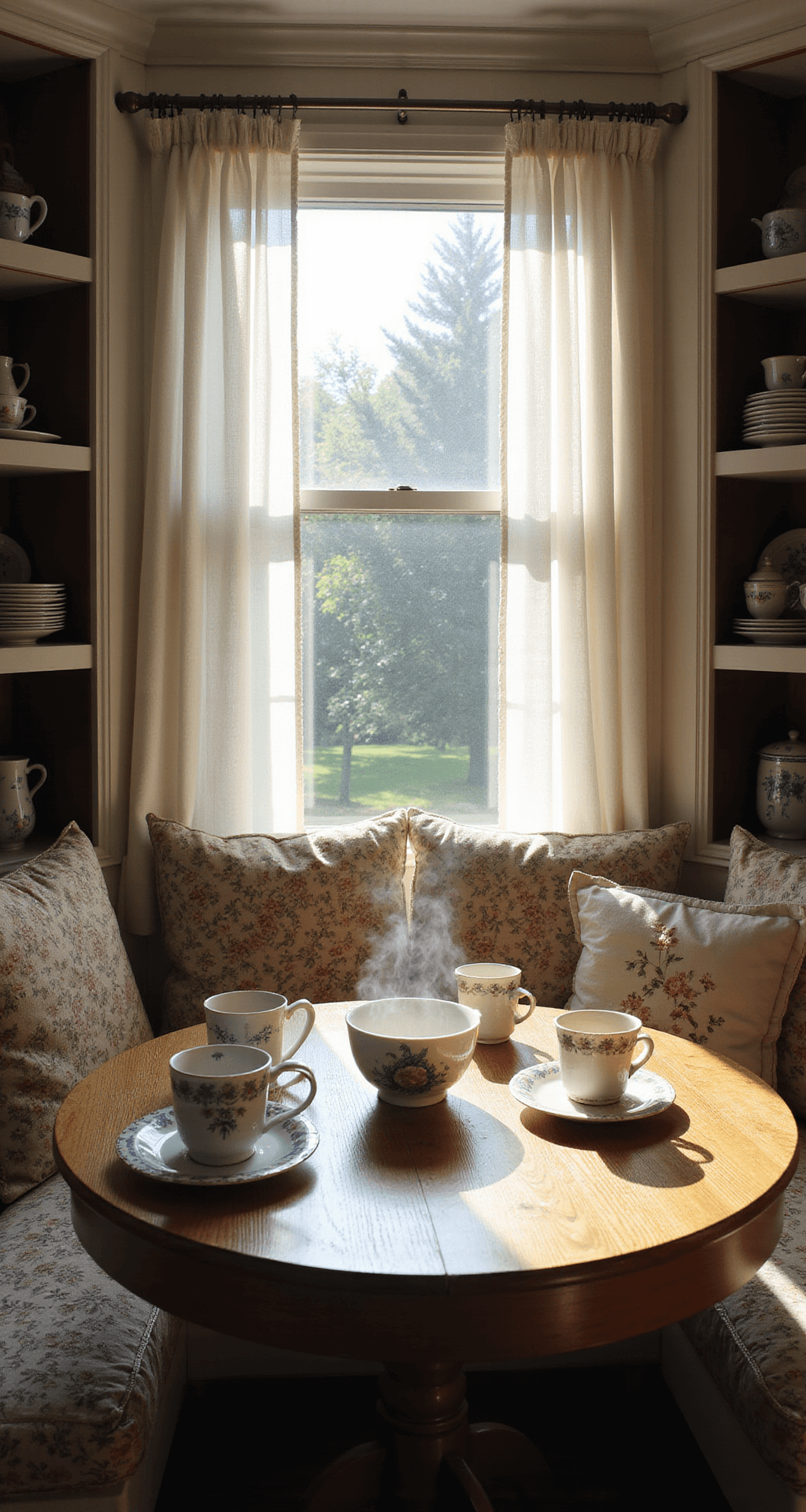 Intimate breakfast nook with a built-in window seat, early morning light filtering through sheer embroidered curtains, featuring a rounded oak table with vintage teacups, handstitched cushions, and an open hutch displaying blue and white china, captured at eye level with a shallow depth of field highlighting steam from a teacup.