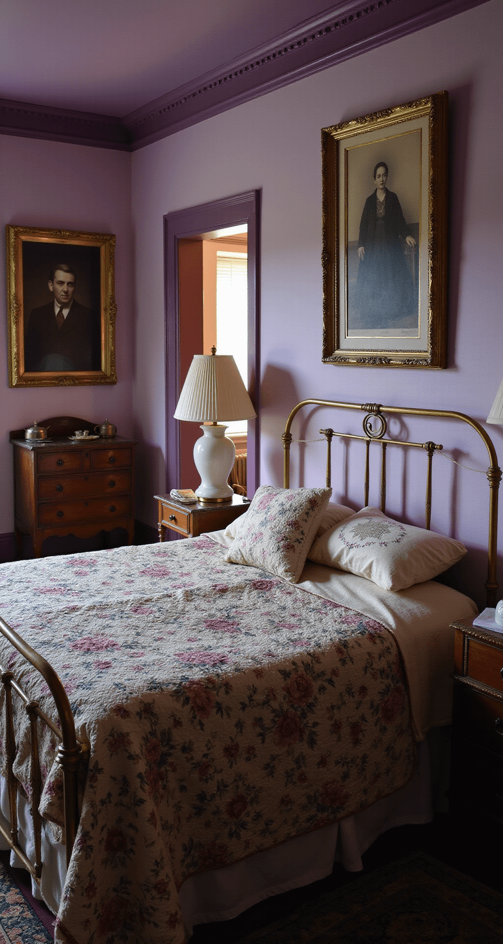 A wide-angle view of a master bedroom featuring original crown molding, dusk lighting creating soft purple shadows, an imposing brass bed with layered quilts, and bedside tables with milk glass lamps. Sepia family portraits adorn the walls, and a vintage vanity is visible in the background.