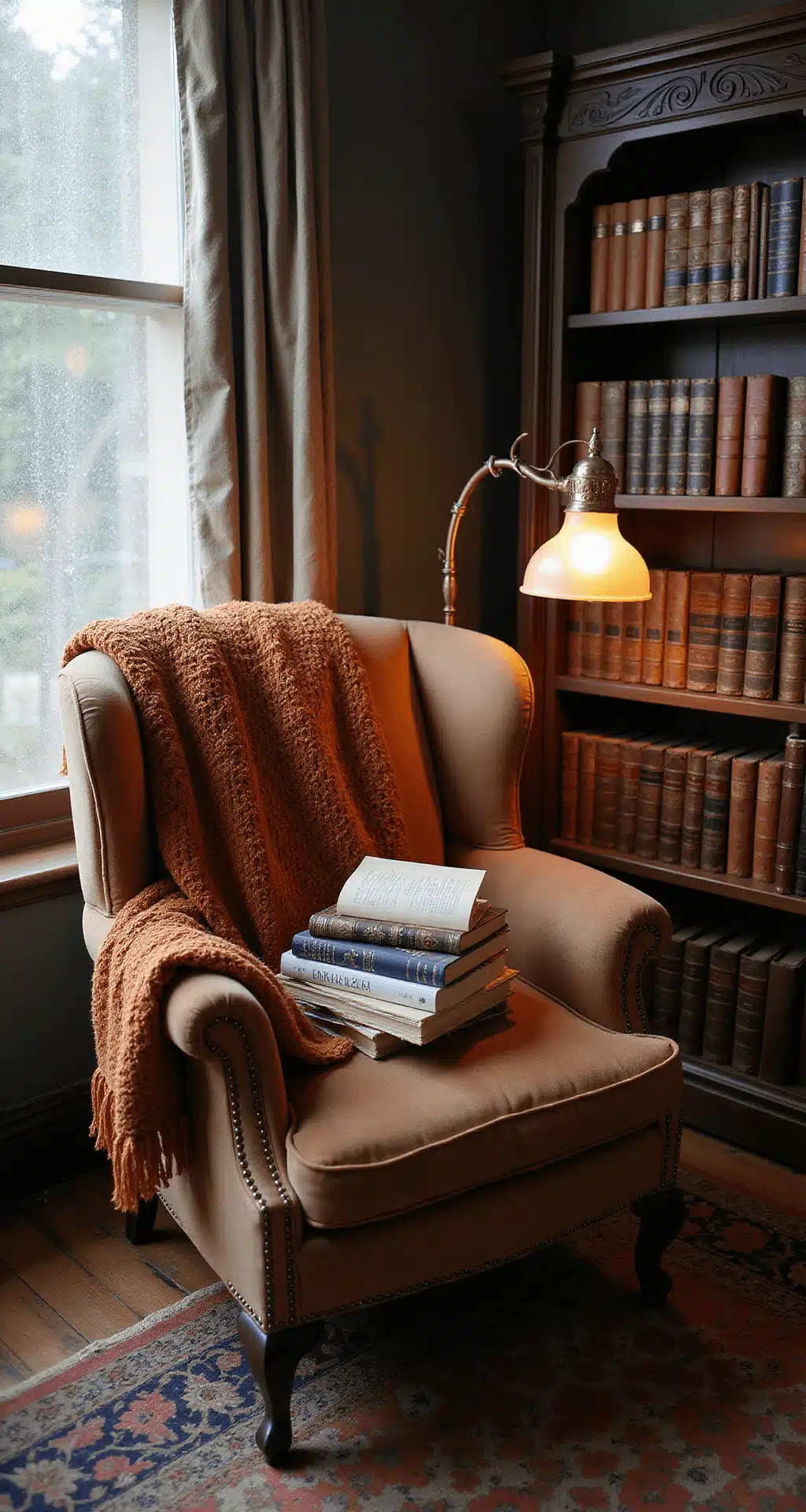 Cozy reading corner in a library nook featuring a wingback chair with a crocheted throw, stacks of well-worn books, a brass floor lamp, and a carved wooden bookshelf, bathed in soft, filtered light from lace panels on a rainy afternoon.