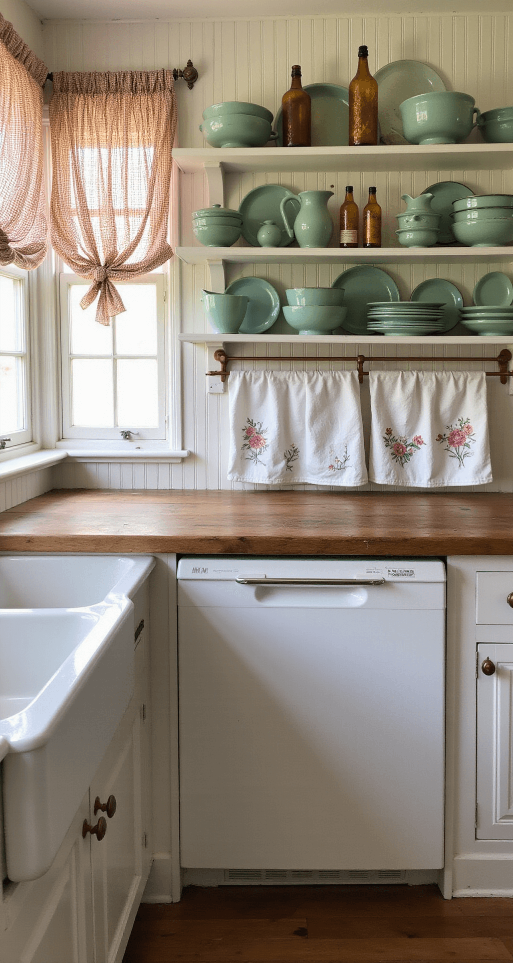 A cozy kitchen measuring 15x20ft, featuring original beadboard wainscoting, mid-morning light illuminating open shelves of jadeite dishes and amber glass. Gingham curtains adorn the farmhouse sink, while hand-embroidered tea towels hang from a copper rod. A well-loved butcher block island showcases years of use, all captured from standing height to highlight the warmth of the space and its collected items, supplemented by soft overhead lighting.