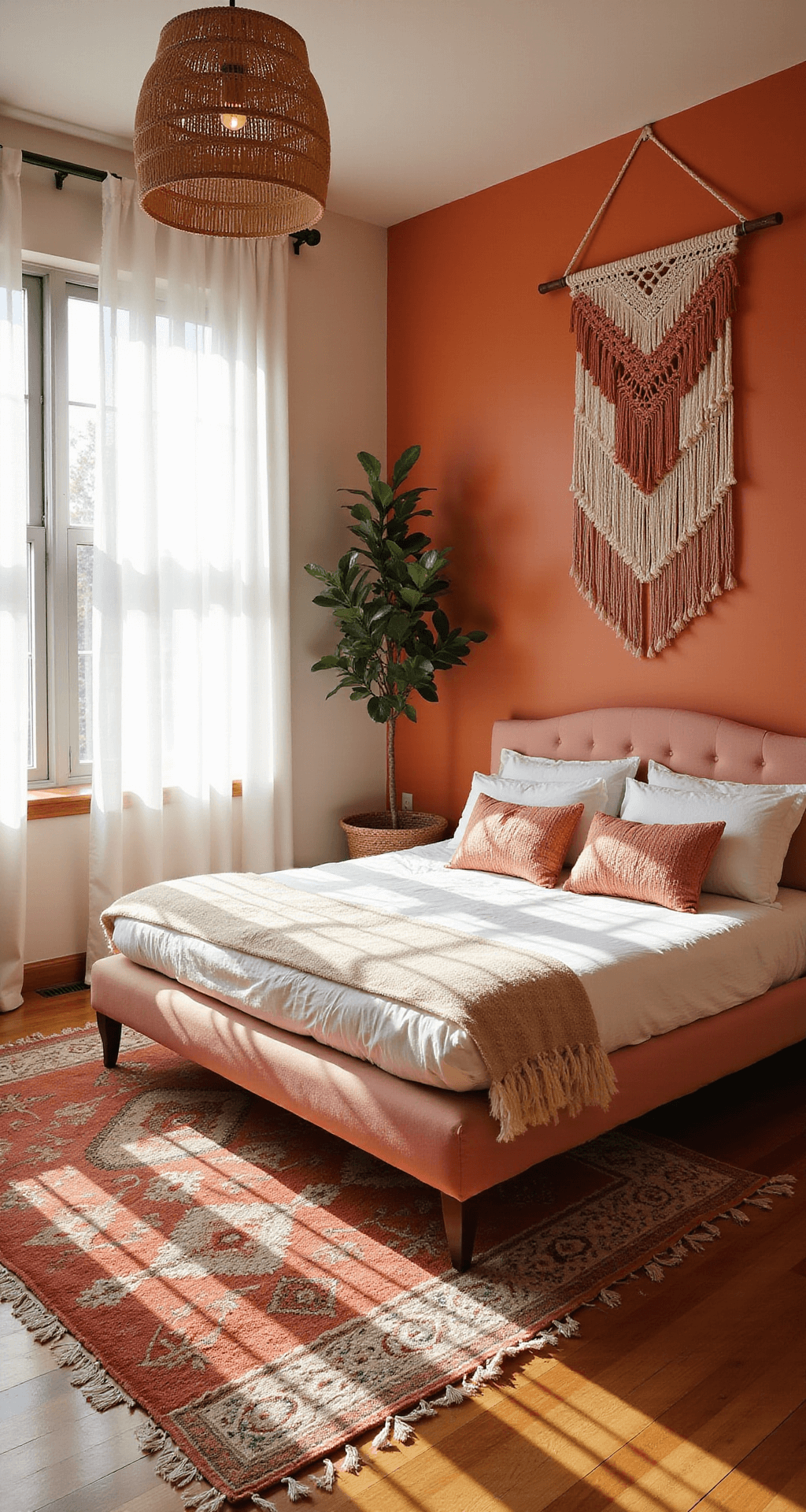A sunlit modern bohemian bedroom with an orange accent wall, blush pink velvet headboard, layered Moroccan rugs, macramé wall hanging, and a rattan pendant light casting shadows.