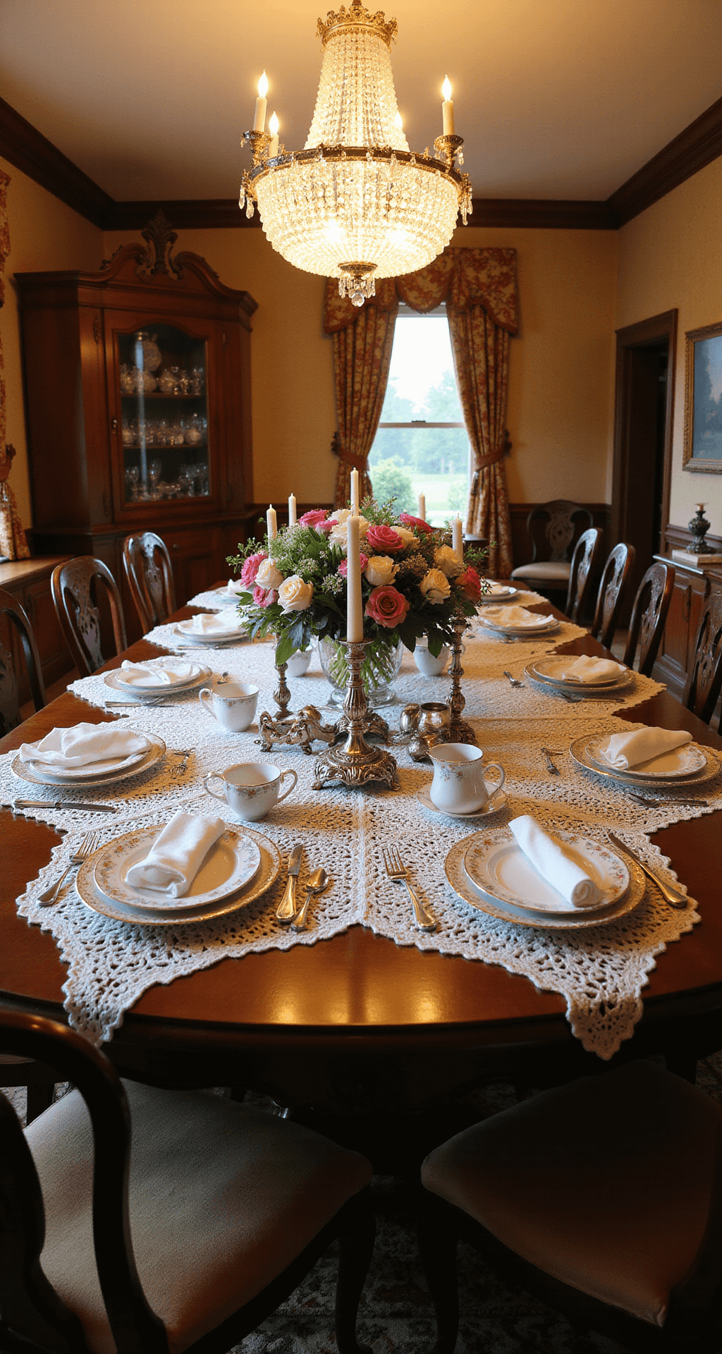Formal dining room featuring a heavy mahogany table with a hand-crocheted tablecloth, set with a Royal Albert tea set. Crystal chandelier casts warm light mixed with fading daylight, enhancing the intimate atmosphere. Silver candlesticks with ivory tapers flank a crystal flower arrangement, while sideboards showcase heirloom silver. Shot from an elevated angle, highlighting the elegant table setting.