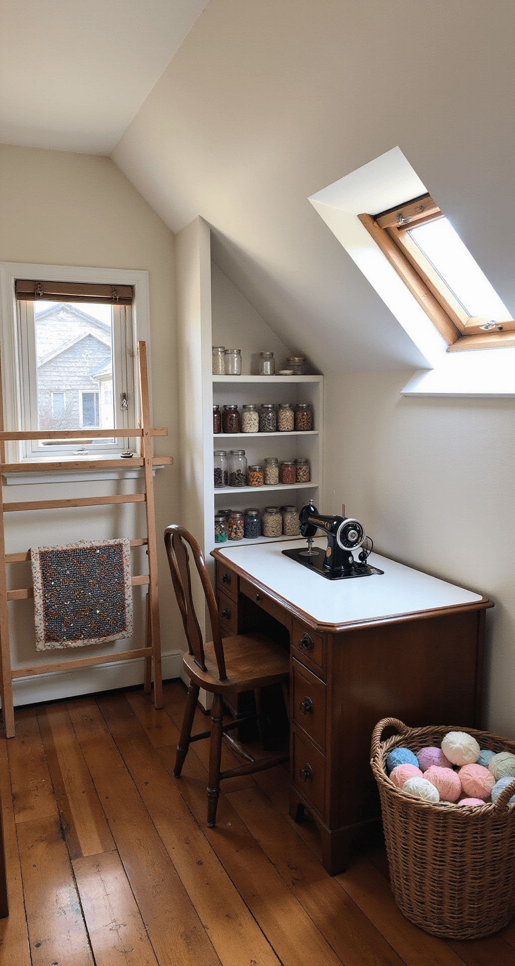 A bright and inspiring crafting room tucked under eaves, featuring a vintage sewing table with an antique Singer machine, shelves lined with mason jars filled with buttons and ribbons, a quilting frame with a work in progress, and a wicker basket overflowing with soft pastel yarn, all captured in late morning light from dormer windows.