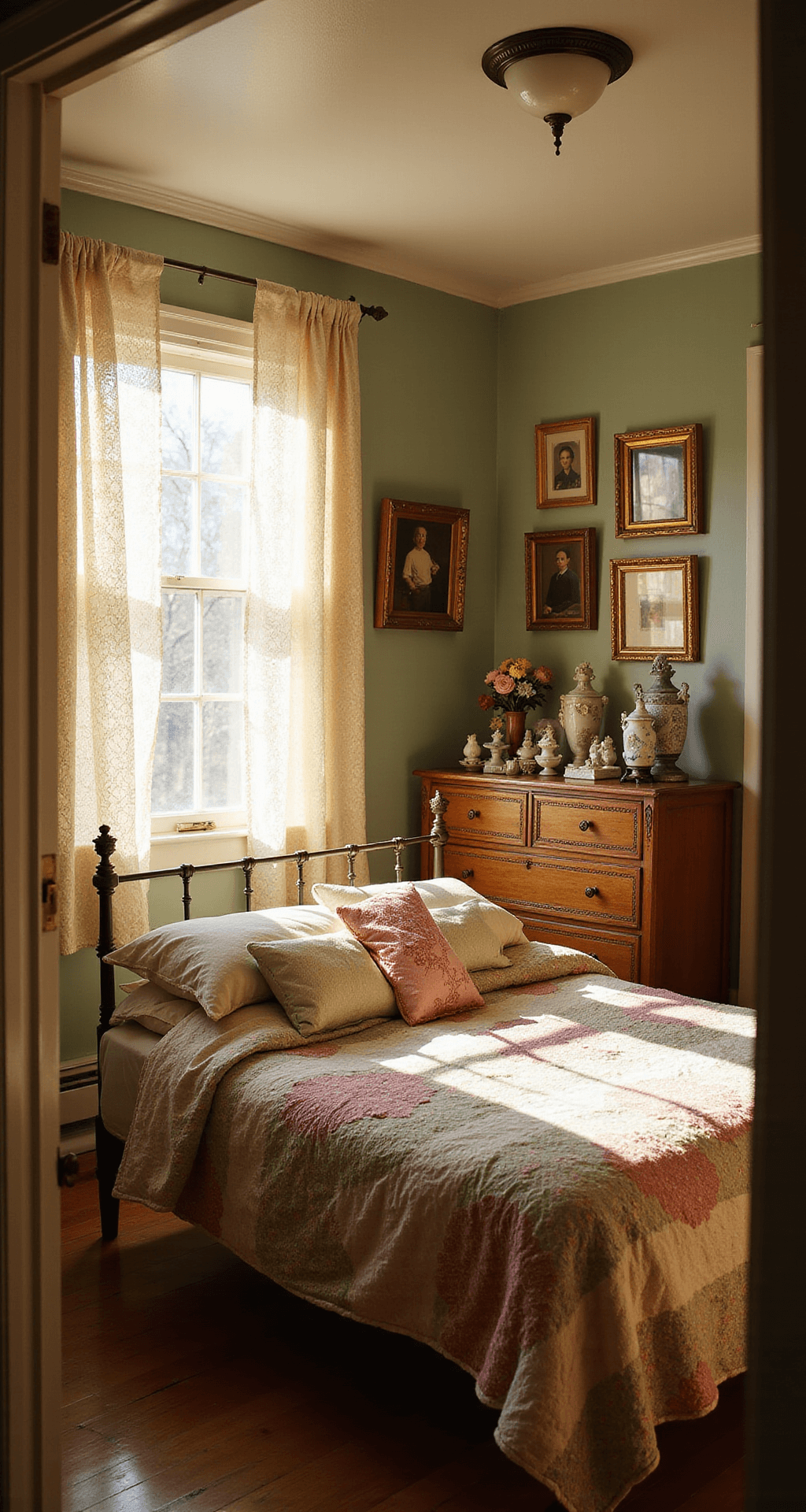 A sunlit vintage bedroom with a brass bed adorned in mismatched quilts, a weathered oak dresser with porcelain figurines, and a gallery wall of family photos, all captured in soft focus.