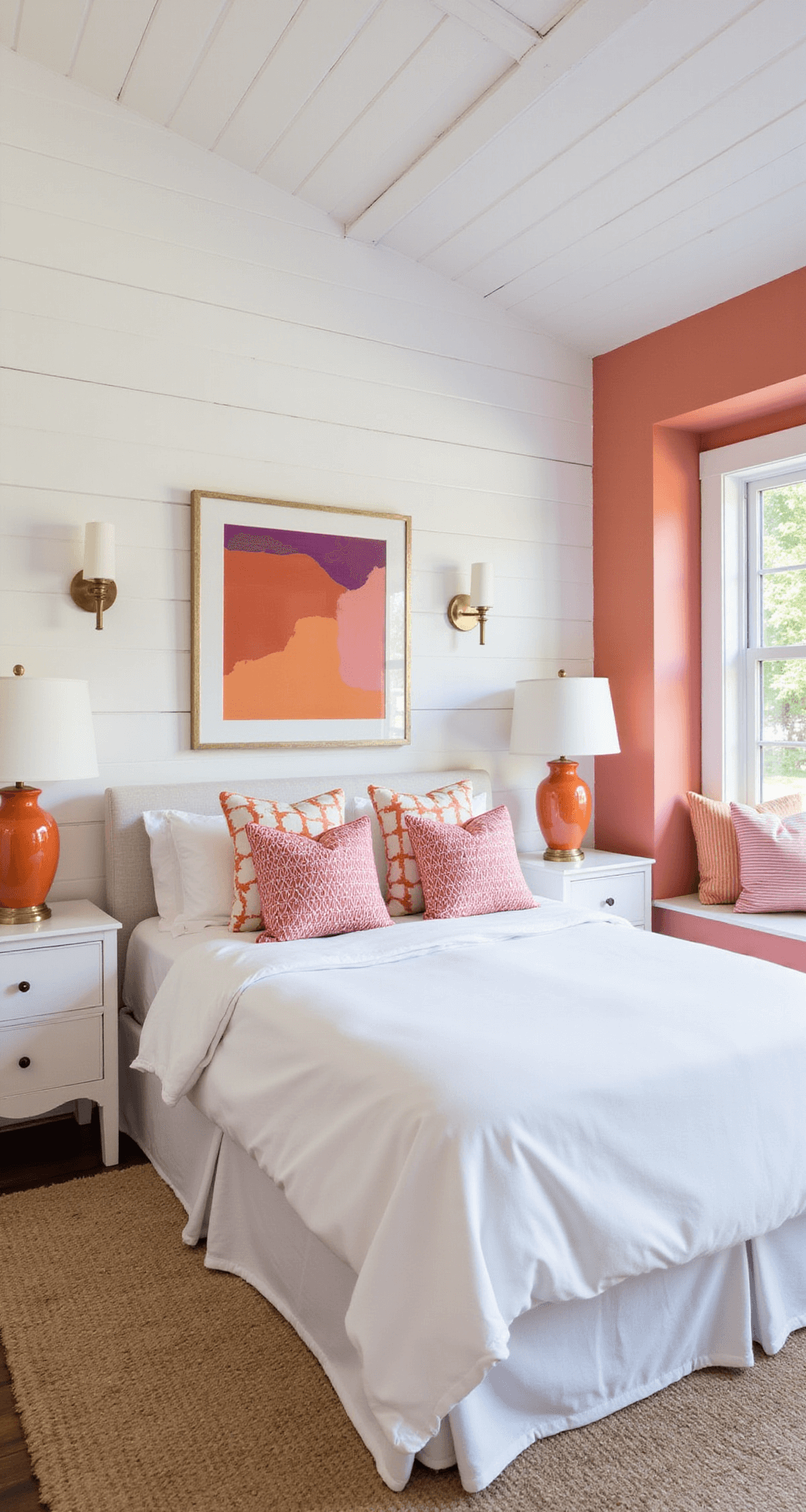 A spacious corner bedroom with white shiplap walls, vaulted ceiling, and coral-painted reading nook. It features a queen bed with white linens, pink and orange throw pillows, brass sconces, artwork in fuchsia and peach, white nightstands, and orange ceramic lamps.
