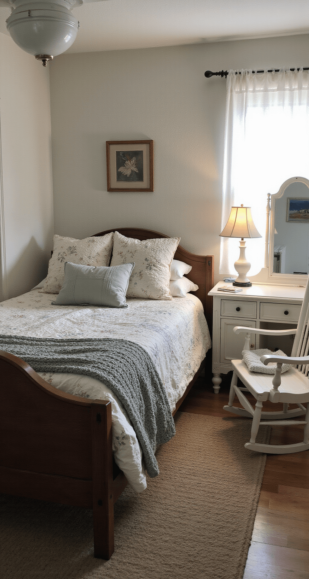 Cozy 10x12 bedroom with dark cherry wood bed frame and patchwork quilt, painted white rocking chair with crocheted throws, vintage vanity with trifold mirror, and milk glass table lamps, all bathed in soft morning light.