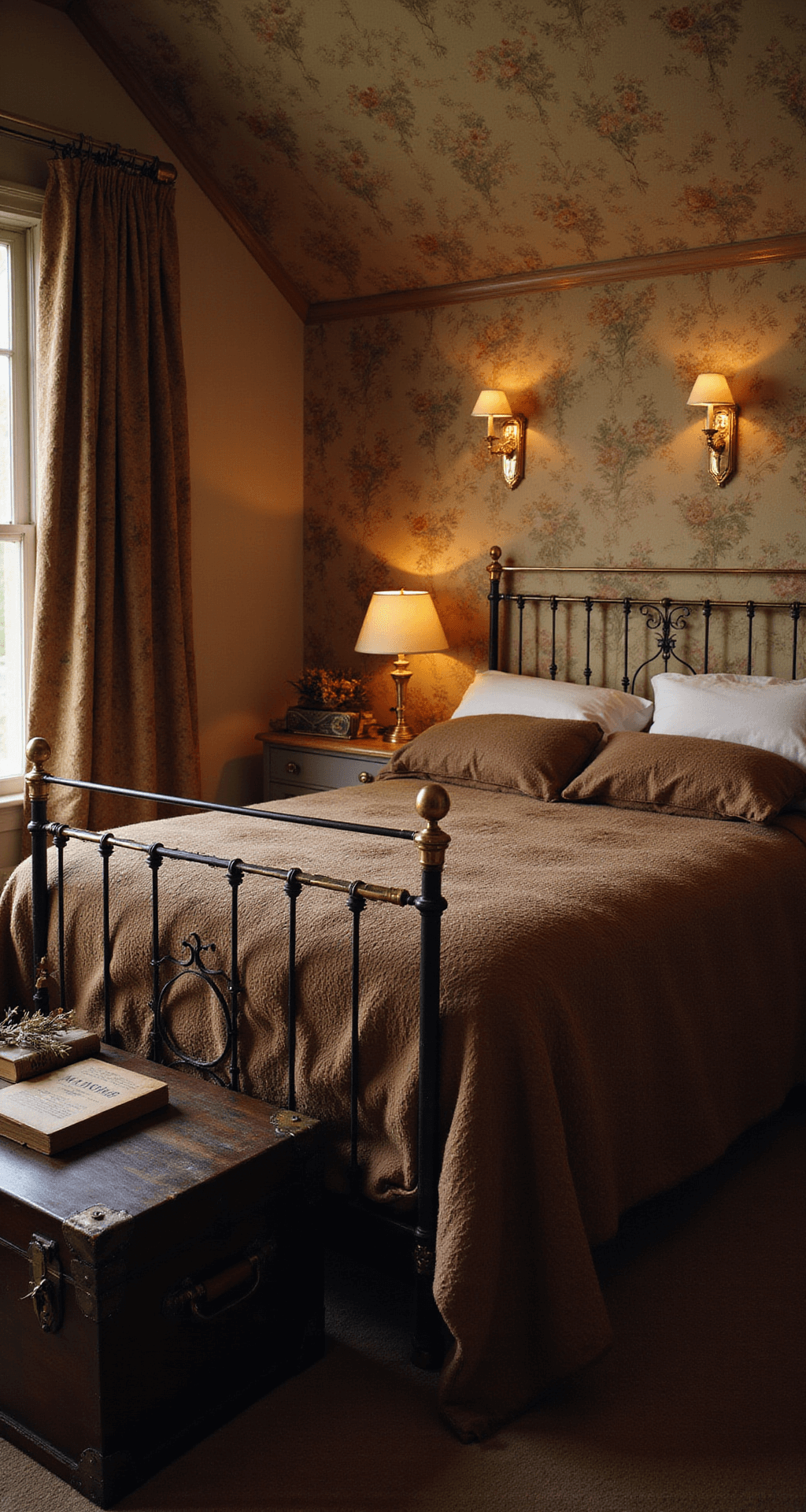 A cozy bedroom scene featuring a Victorian-style iron bed with a vintage quilt, warm lamplight illuminating floral wallpaper, and a weathered trunk at the foot displaying books and dried flowers, captured at eye level.